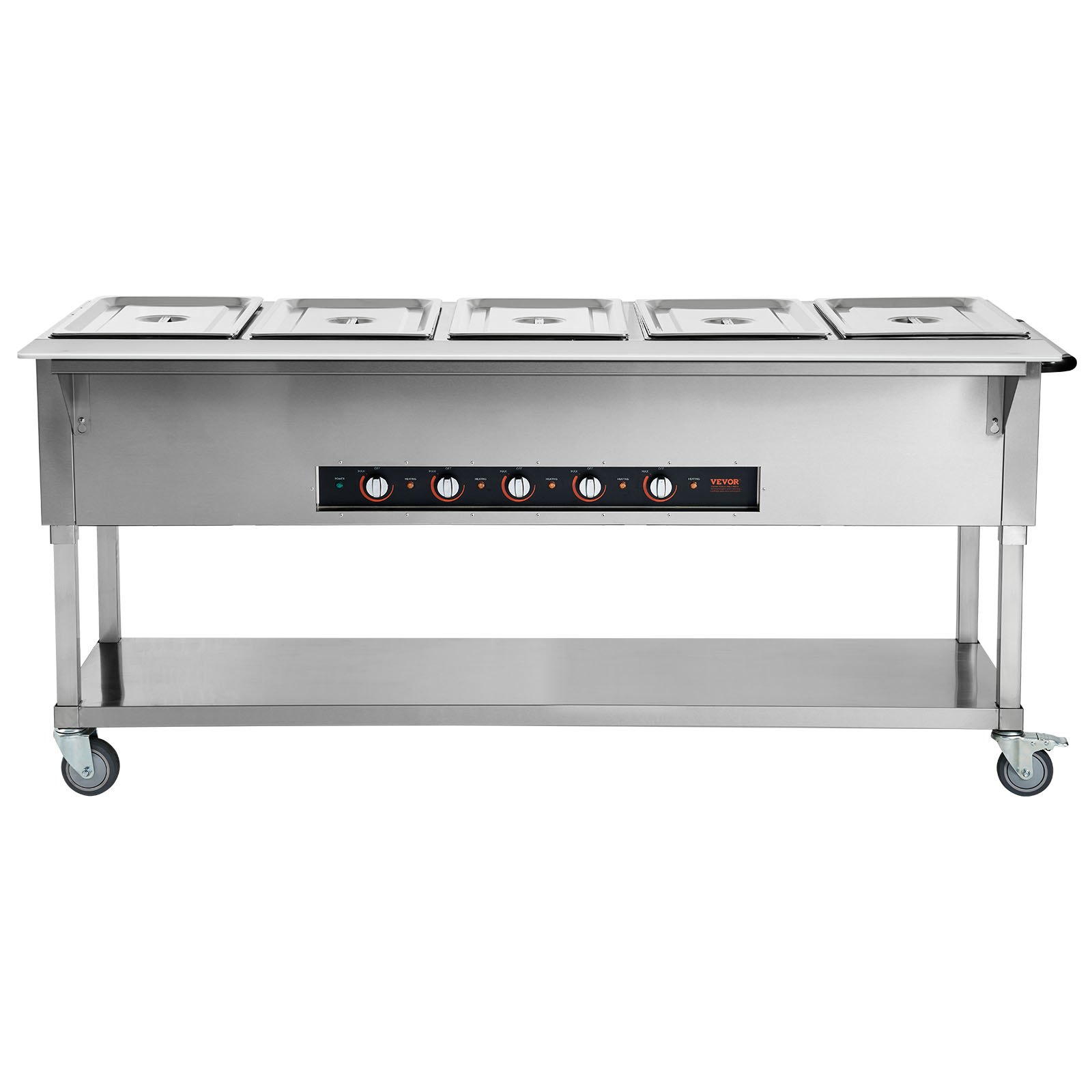 Calentador de alimentos comercial VEVOR de 5 bandejas, mesa de vapor eléctrica de 5 x 20.6 cuartos, 3750 W, calentador de alimentos profesional para bufés y catering con 4 ruedas (2 con freno), servidor de acero inoxidable de grado alimenticio para restaurantes y fiestas.