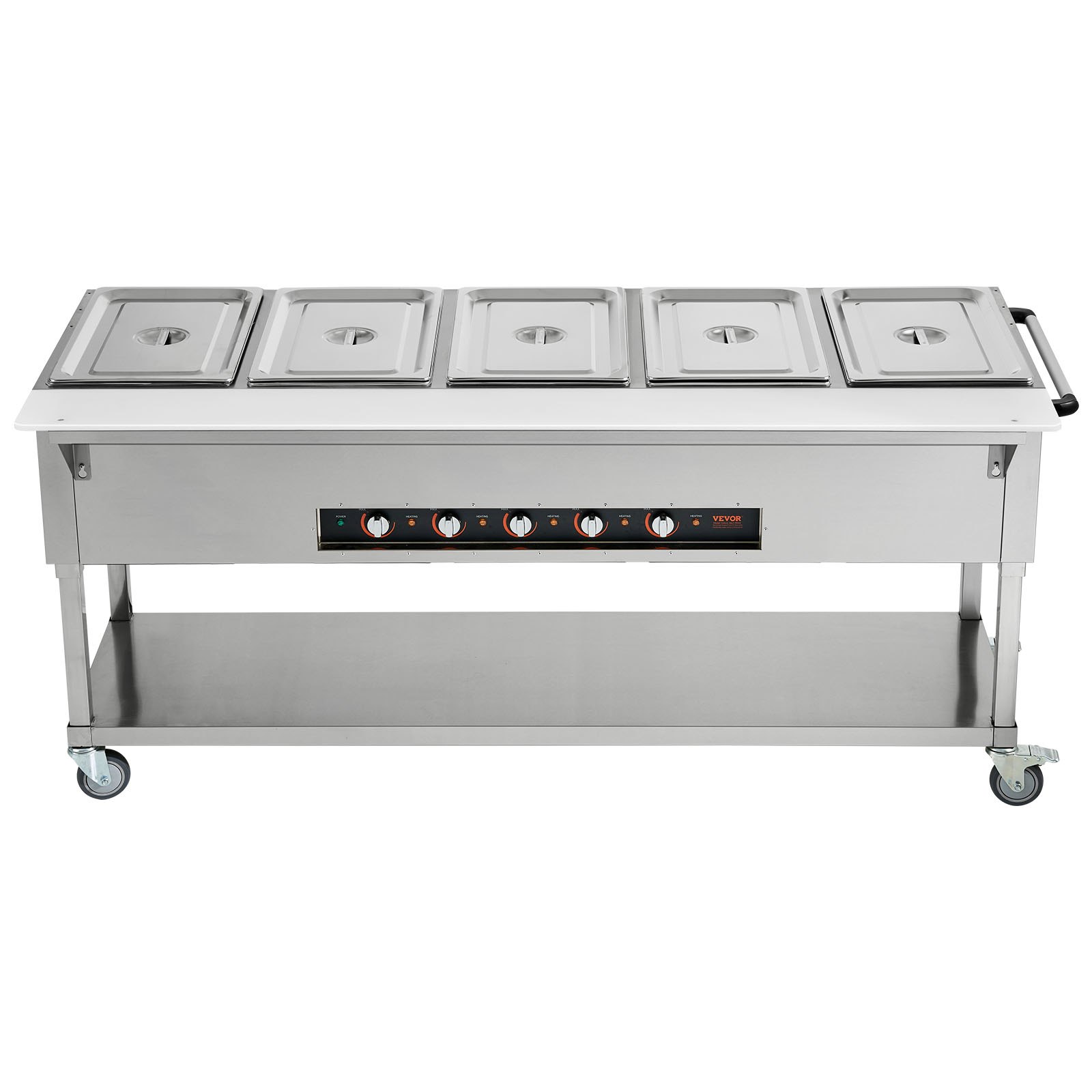 Calentador de alimentos comercial VEVOR de 5 bandejas, mesa de vapor eléctrica de 5 x 20.6 cuartos, 3750 W, calentador de alimentos profesional para bufés y catering con 4 ruedas (2 con freno), servidor de acero inoxidable de grado alimenticio para restaurantes y fiestas.