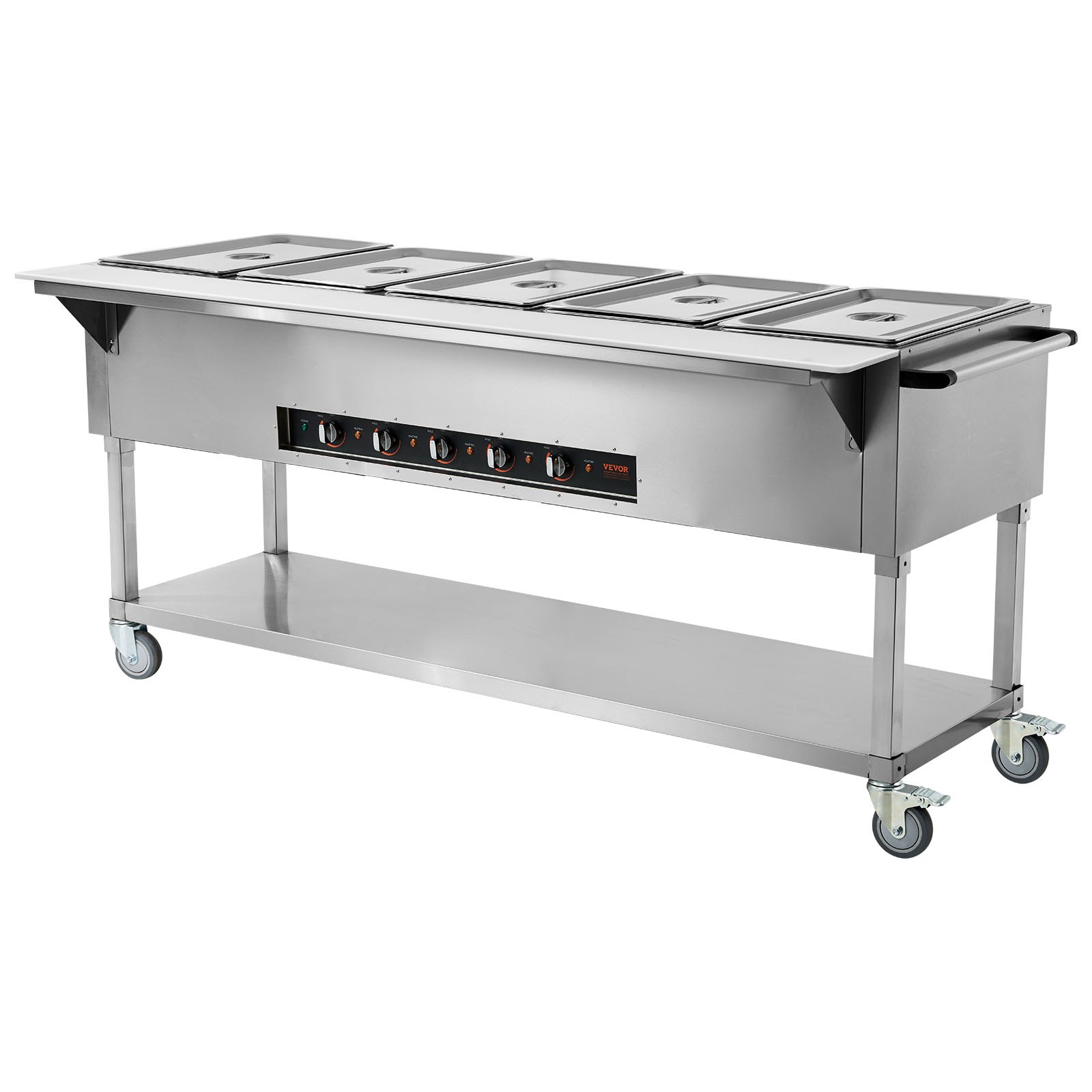 Calentador de alimentos comercial VEVOR de 5 bandejas, mesa de vapor eléctrica de 5 x 20.6 cuartos, 3750 W, calentador de alimentos profesional para bufés y catering con 4 ruedas (2 con freno), servidor de acero inoxidable de grado alimenticio para restaurantes y fiestas.