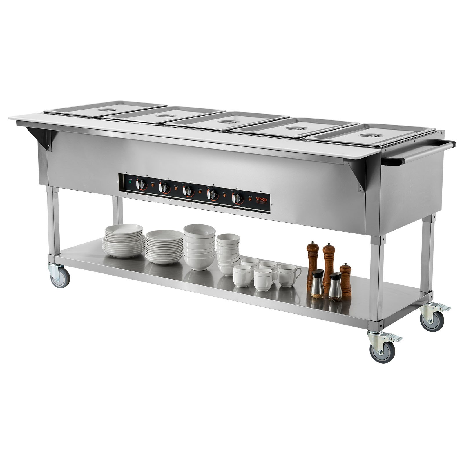 Calentador de alimentos comercial VEVOR de 5 bandejas, mesa de vapor eléctrica de 5 x 20.6 cuartos, 3750 W, calentador de alimentos profesional para bufés y catering con 4 ruedas (2 con freno), servidor de acero inoxidable de grado alimenticio para restaurantes y fiestas.