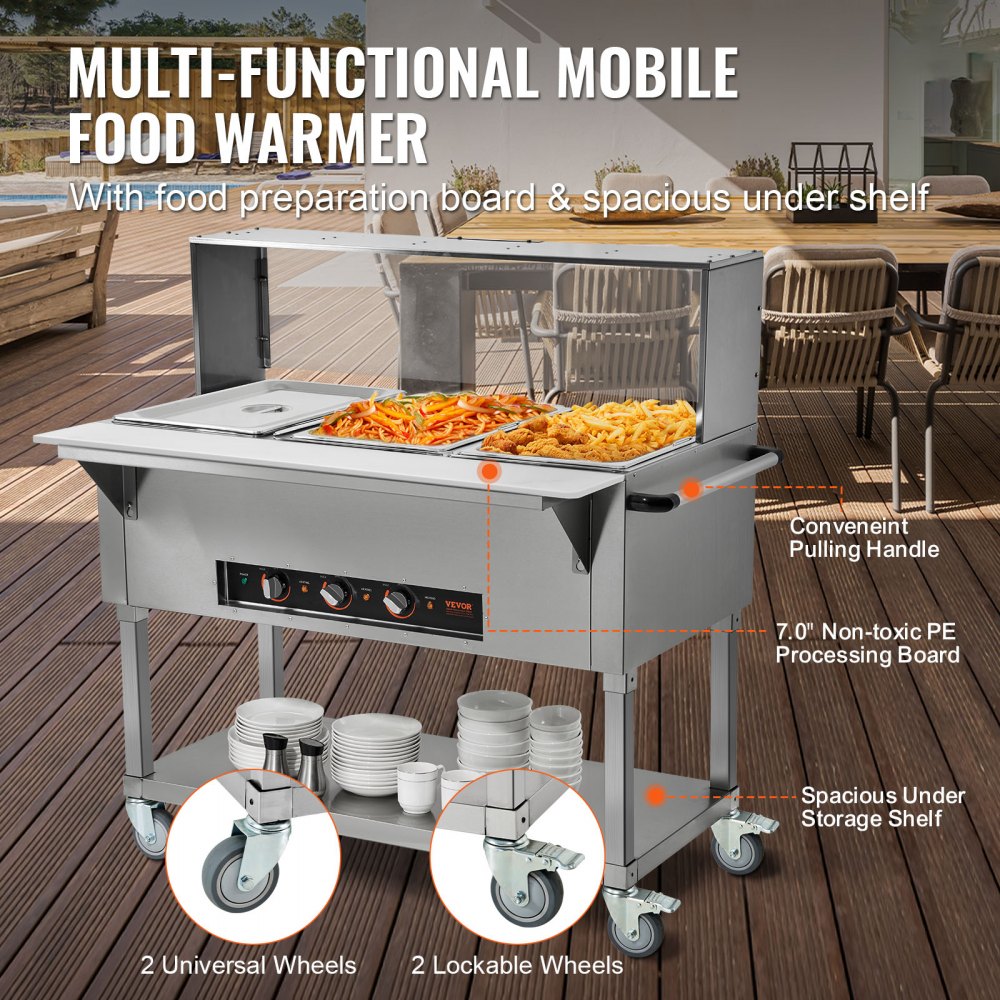 VEVOR Calentador de alimentos comercial de 3 bandejas, mesa de vapor eléctrica de 3 x 20.6 qt, calentador de alimentos profesional de 1500 W para catering y bufé con protector antiestornudos de acrílico, servidor de acero inoxidable de grado alimenticio para fiestas y restaurantes