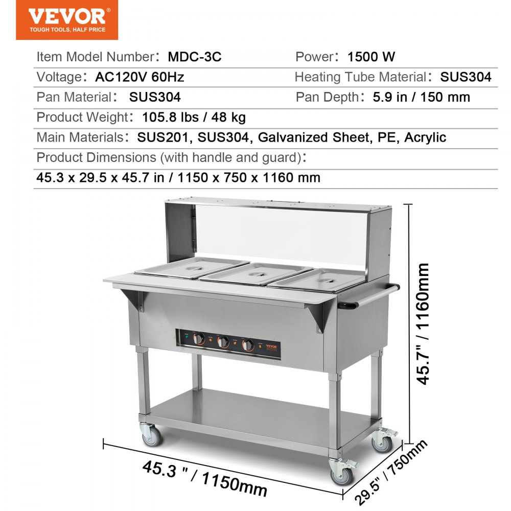 VEVOR Calentador de alimentos comercial de 3 bandejas, mesa de vapor eléctrica de 3 x 20.6 qt, calentador de alimentos profesional de 1500 W para catering y bufé con protector antiestornudos de acrílico, servidor de acero inoxidable de grado alimenticio para fiestas y restaurantes