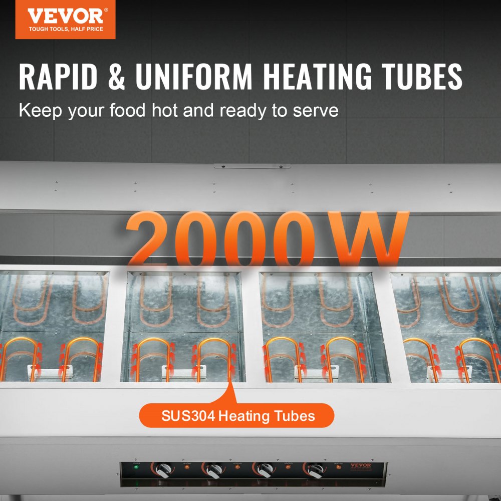 Calentador de alimentos comercial VEVOR de 4 bandejas, mesa de vapor eléctrica de 4 x 20.6 cuartos, calentador de alimentos profesional para bufés y catering de 2000 W con protector contra estornudos de acrílico, servidor de acero inoxidable de grado alimenticio para restaurantes y fiestas.