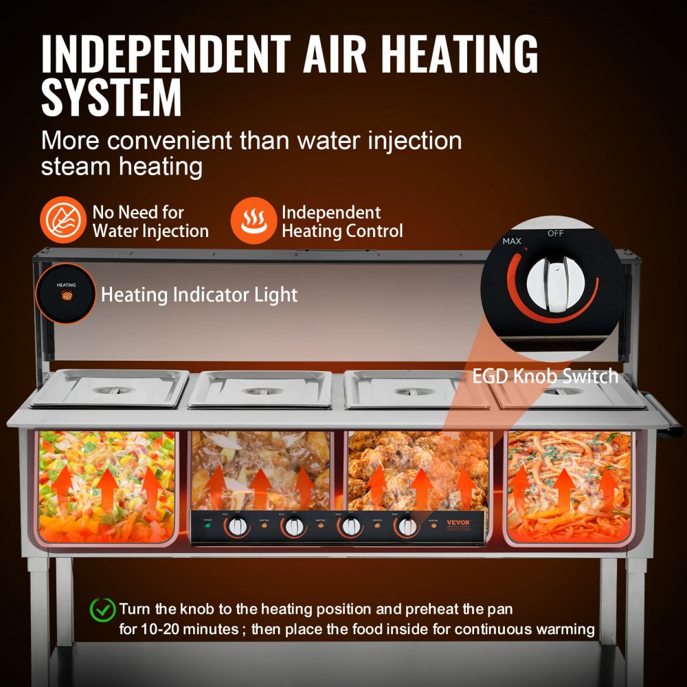 Calentador de alimentos comercial VEVOR de 4 bandejas, mesa de vapor eléctrica de 4 x 20.6 cuartos, calentador de alimentos profesional para bufés y catering de 2000 W con protector contra estornudos de acrílico, servidor de acero inoxidable de grado alimenticio para restaurantes y fiestas.