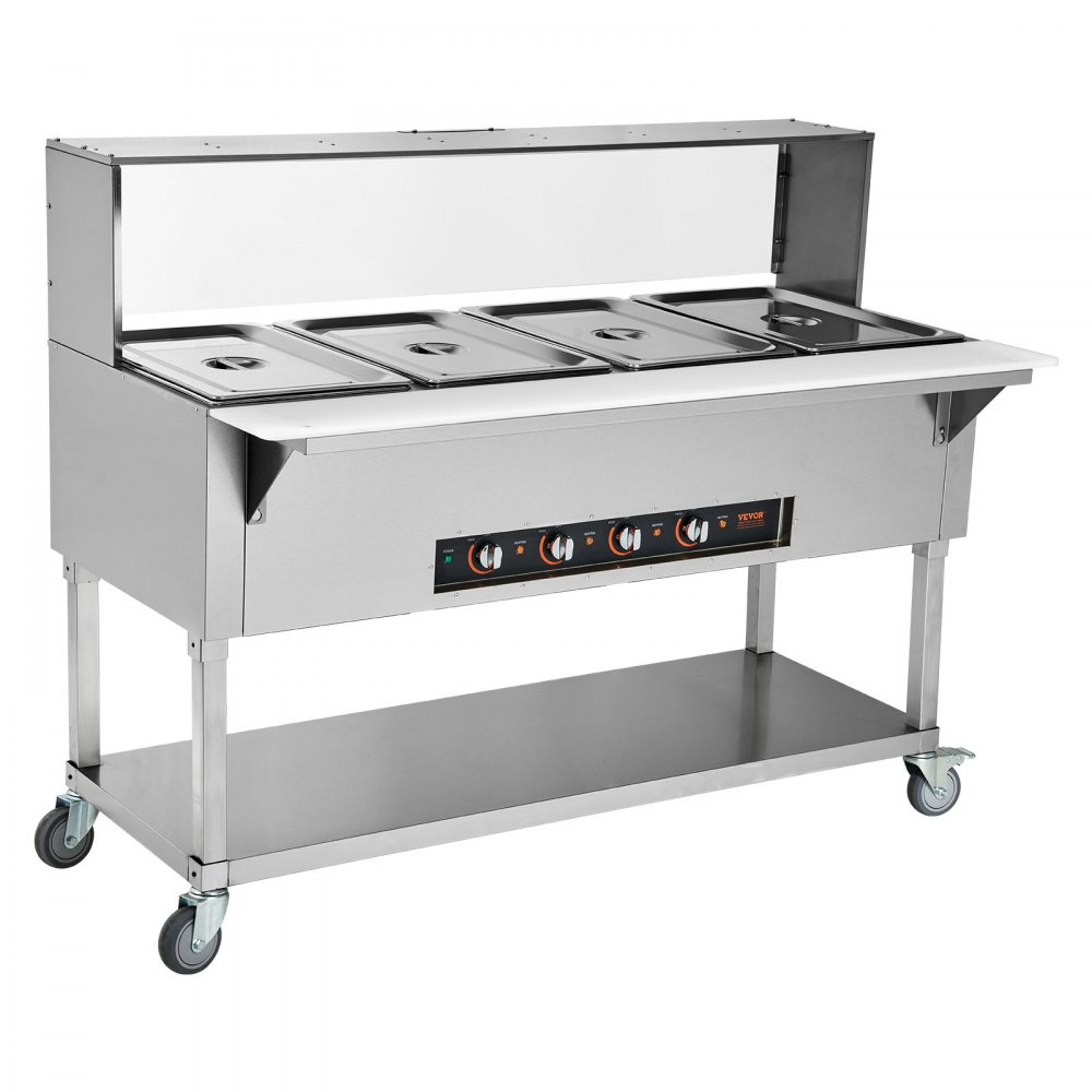 Calentador de alimentos comercial VEVOR de 4 bandejas, mesa de vapor eléctrica de 4 x 20.6 cuartos, calentador de alimentos profesional para bufés y catering de 2000 W con protector contra estornudos de acrílico, servidor de acero inoxidable de grado alimenticio para restaurantes y fiestas.