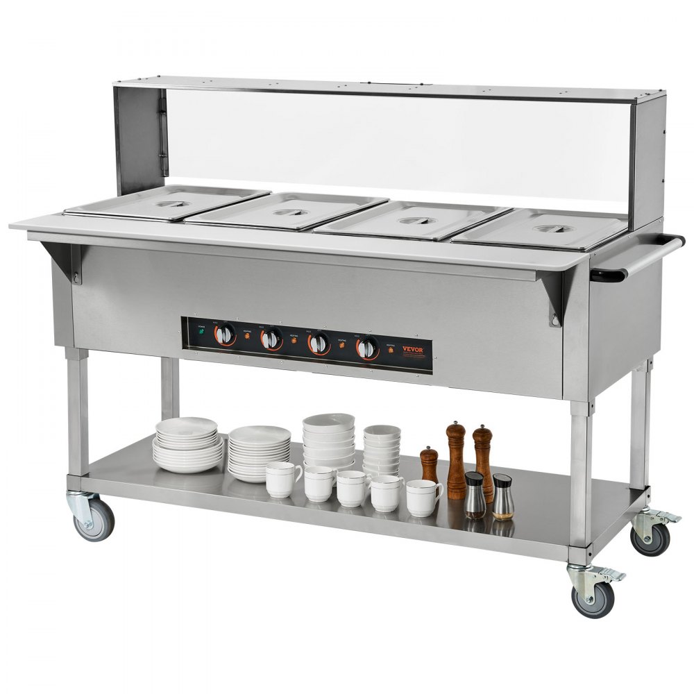 Calentador de alimentos comercial VEVOR de 4 bandejas, mesa de vapor eléctrica de 4 x 20.6 cuartos, calentador de alimentos profesional para bufés y catering de 2000 W con protector contra estornudos de acrílico, servidor de acero inoxidable de grado alimenticio para restaurantes y fiestas.