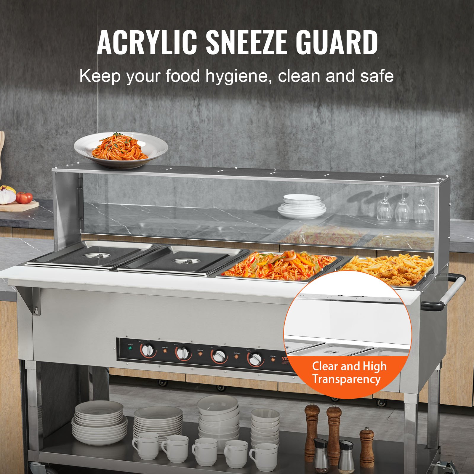 Calentador de alimentos comercial VEVOR de 4 bandejas, mesa de vapor eléctrica de 4 x 20.6 cuartos, calentador de alimentos profesional para bufés y catering de 2000 W con protector contra estornudos de acrílico, servidor de acero inoxidable de grado alimenticio para restaurantes y fiestas.