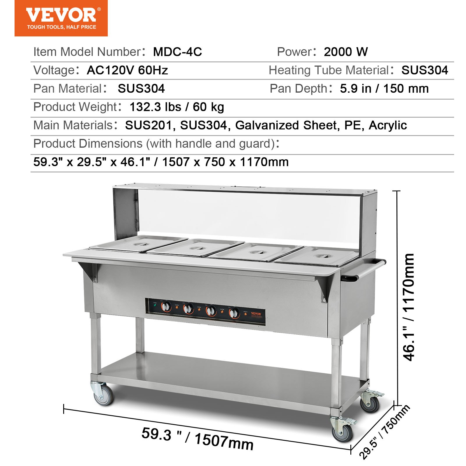 Calentador de alimentos comercial VEVOR de 4 bandejas, mesa de vapor eléctrica de 4 x 20.6 cuartos, calentador de alimentos profesional para bufés y catering de 2000 W con protector contra estornudos de acrílico, servidor de acero inoxidable de grado alimenticio para restaurantes y fiestas.