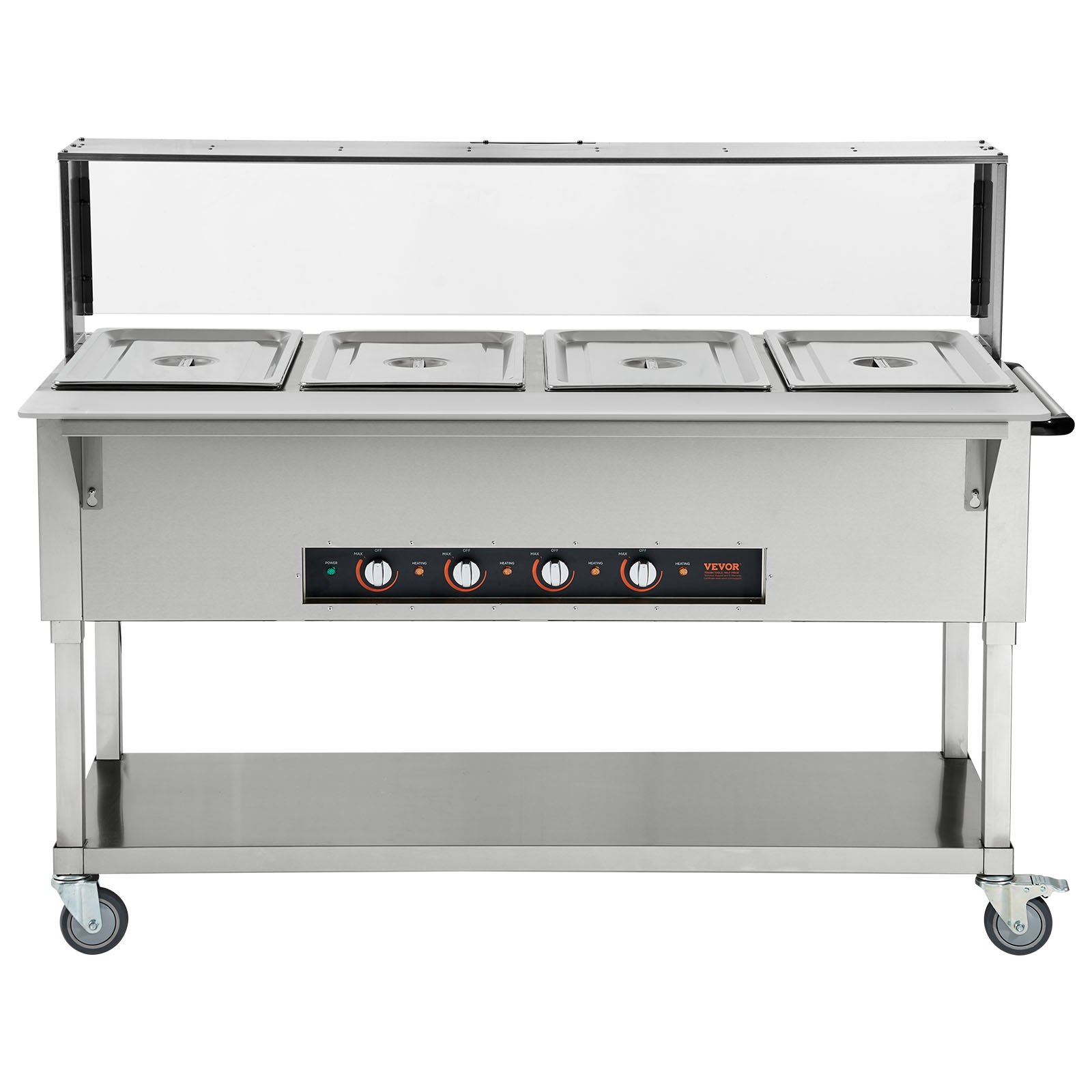 Calentador de alimentos comercial VEVOR de 4 bandejas, mesa de vapor eléctrica de 4 x 20.6 cuartos, calentador de alimentos profesional para bufés y catering de 2000 W con protector contra estornudos de acrílico, servidor de acero inoxidable de grado alimenticio para restaurantes y fiestas.