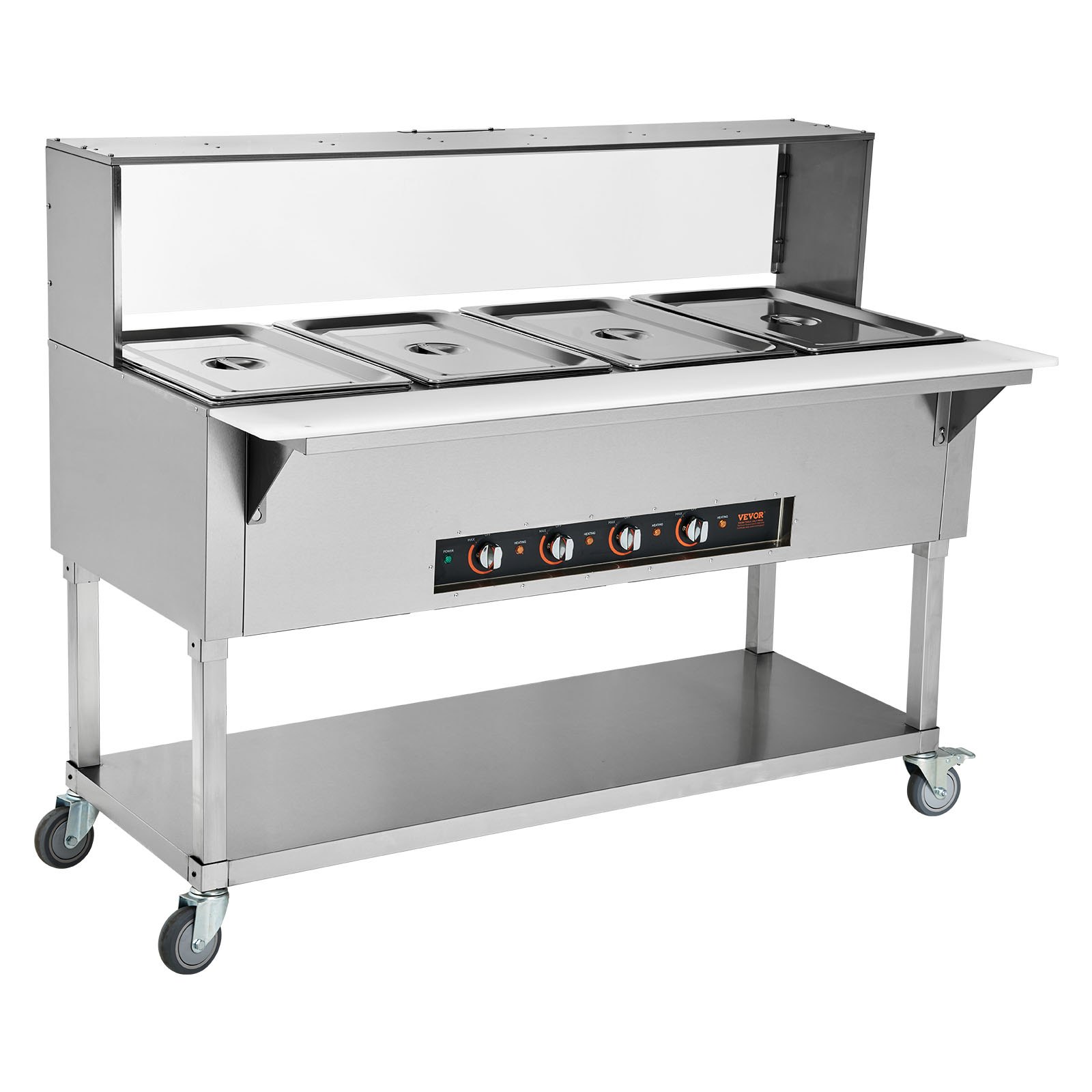 Calentador de alimentos comercial VEVOR de 4 bandejas, mesa de vapor eléctrica de 4 x 20.6 cuartos, calentador de alimentos profesional para bufés y catering de 2000 W con protector contra estornudos de acrílico, servidor de acero inoxidable de grado alimenticio para restaurantes y fiestas.