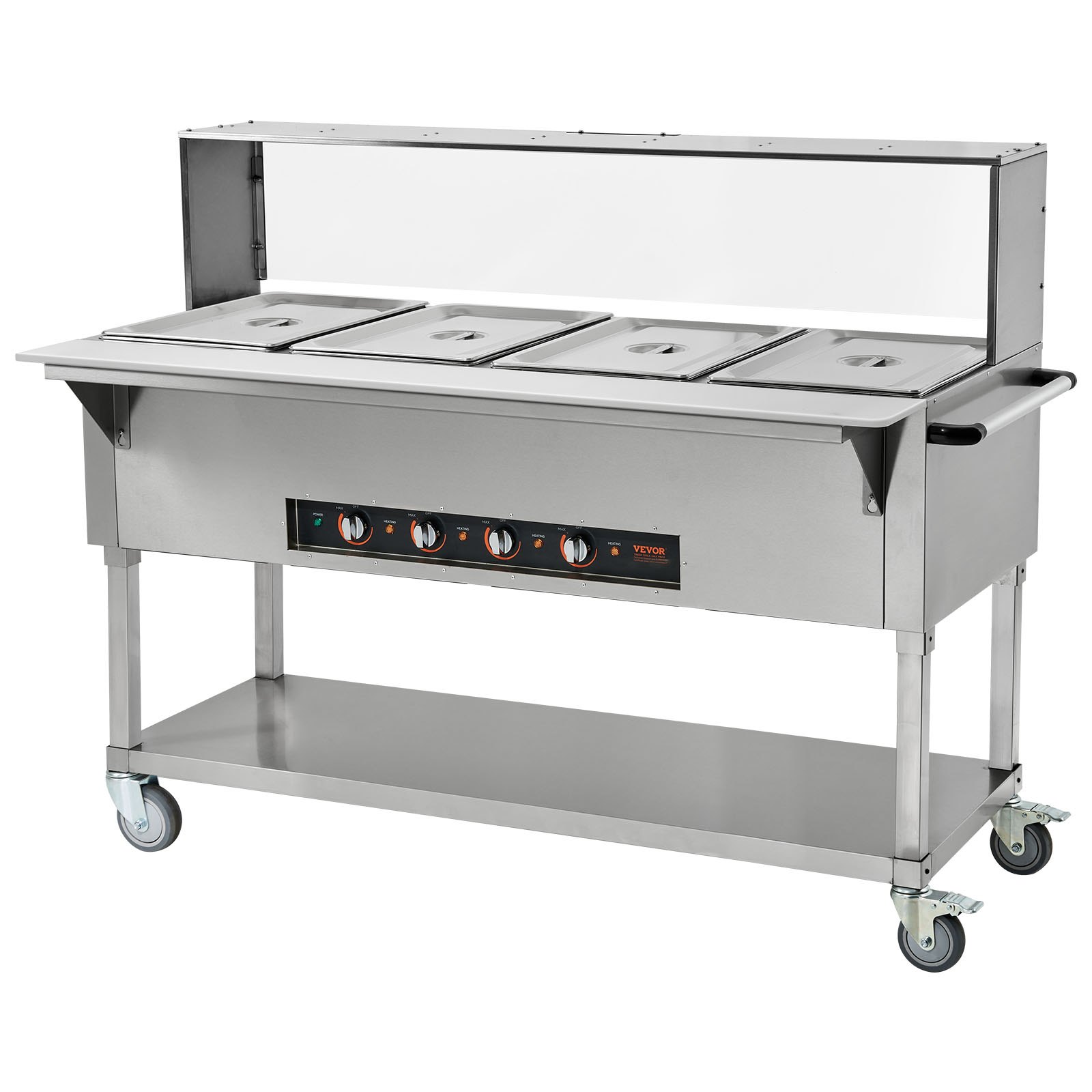Calentador de alimentos comercial VEVOR de 4 bandejas, mesa de vapor eléctrica de 4 x 20.6 cuartos, calentador de alimentos profesional para bufés y catering de 2000 W con protector contra estornudos de acrílico, servidor de acero inoxidable de grado alimenticio para restaurantes y fiestas.