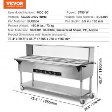 VEVOR Calentador de alimentos comercial de 5 sartenes, mesa de vapor eléctrica de 5 x 20,6 cuartos, calentador de alimentos profesional para catering buffet de 3750 W con protector acrílico contra estornudos, servidor de acero inoxidable de grado alimenticio para restaurante de fiesta