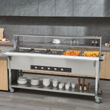 VEVOR Calentador de alimentos comercial de 5 sartenes, mesa de vapor eléctrica de 5 x 20,6 cuartos, calentador de alimentos profesional para catering buffet de 3750 W con protector acrílico contra estornudos, servidor de acero inoxidable de grado alimenticio para restaurante de fiesta