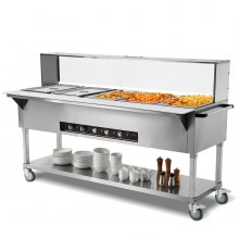 VEVOR Calentador de alimentos comercial de 5 sartenes, mesa de vapor eléctrica de 5 x 20,6 cuartos, calentador de alimentos profesional para catering buffet de 3750 W con protector acrílico contra estornudos, servidor de acero inoxidable de grado alimenticio para restaurante de fiesta