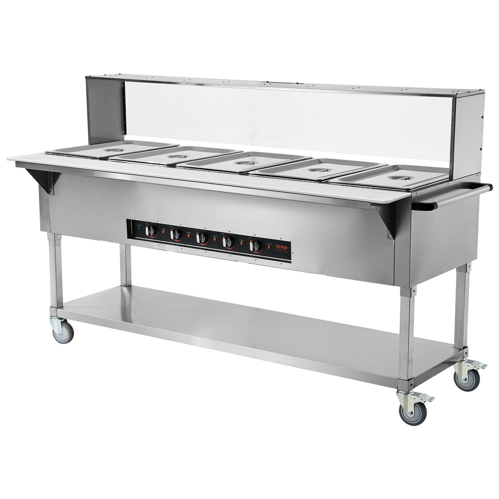 VEVOR Calentador de alimentos comercial de 5 bandejas, mesa de vapor eléctrica de 5 x 20.6 qt, calentador de alimentos profesional de 3750 W para catering y bufé con protector antiestornudos de acrílico, servidor de acero inoxidable de grado alimenticio para fiestas y restaurantes