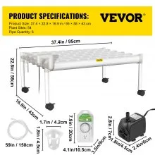 Sistema de cultivo hidropónico VEVOR, 54 sitios, 6 tubos de PVC-U de grado alimenticio, kit de plantación interior de 1 capa con bomba de agua, temporizador, cesta nido, esponja para frutas, verduras, hierbas, blanco