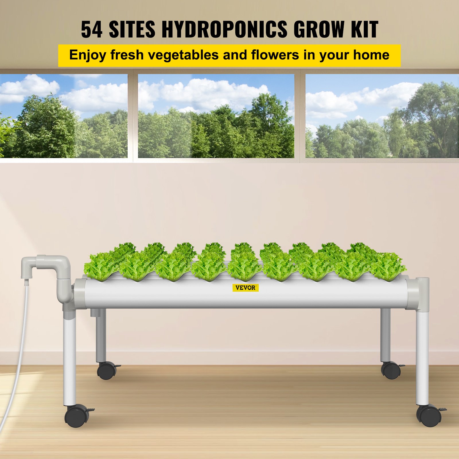 Sistema de cultivo hidropónico VEVOR, 54 sitios, 6 tubos de PVC-U de grado alimenticio, kit de plantación interior de 1 capa con bomba de agua, temporizador, cesta nido y esponja para frutas, verduras y hierbas, color blanco