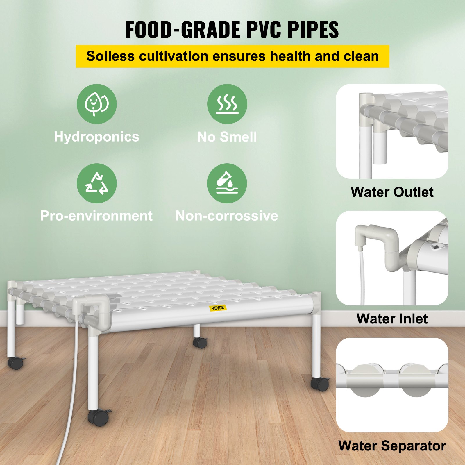 Sistema de cultivo hidropónico VEVOR, 72 sitios, 8 tubos de PVC-U de grado alimenticio, kit de plantación interior de 1 capa con bomba de agua, temporizador, cesta nido, esponja para frutas, verduras, hierbas, blanco