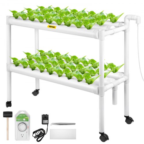 Sistema de cultivo hidropónico VEVOR, 54 sitios, 6 tubos de PVC-U de grado alimenticio, kit de plantación interior de 2 capas con bomba de agua, temporizador, cesta nido, esponja para frutas, verduras, hierbas, blanco