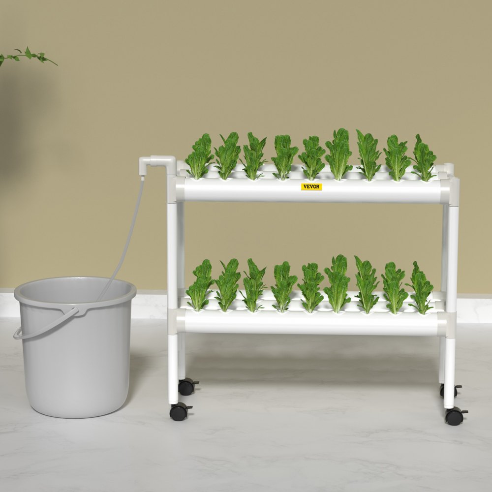 Sistema de cultivo hidropónico VEVOR, 54 sitios, 6 tubos de PVC-U de grado alimenticio, kit de plantación interior de 2 capas con bomba de agua, temporizador, cesta nido, esponja para frutas, verduras, hierbas, blanco