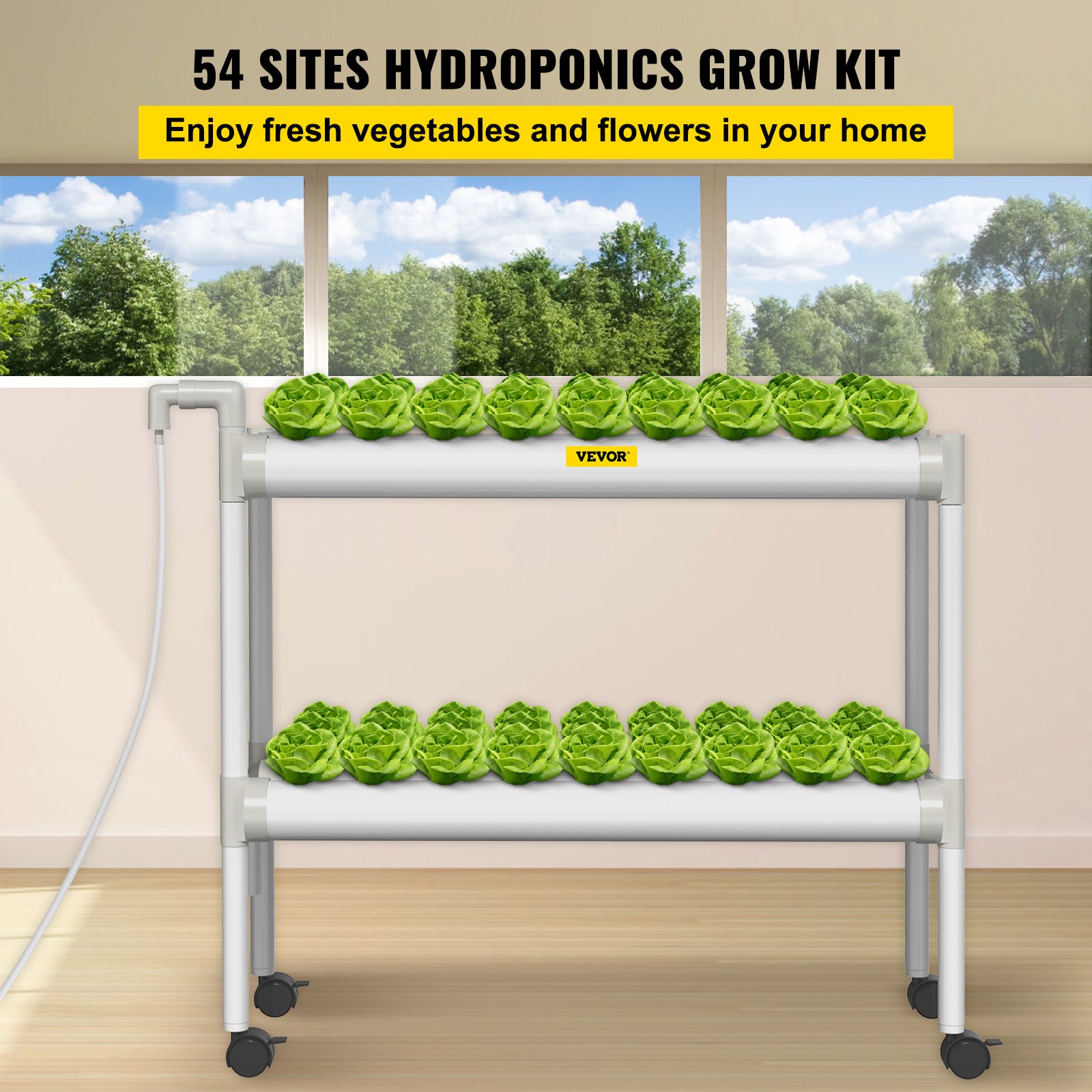 Sistema de cultivo hidropónico VEVOR, 54 sitios, 6 tubos de PVC-U de grado alimenticio, kit de plantación interior de 2 capas con bomba de agua, temporizador, cesta nido, esponja para frutas, verduras, hierbas, blanco