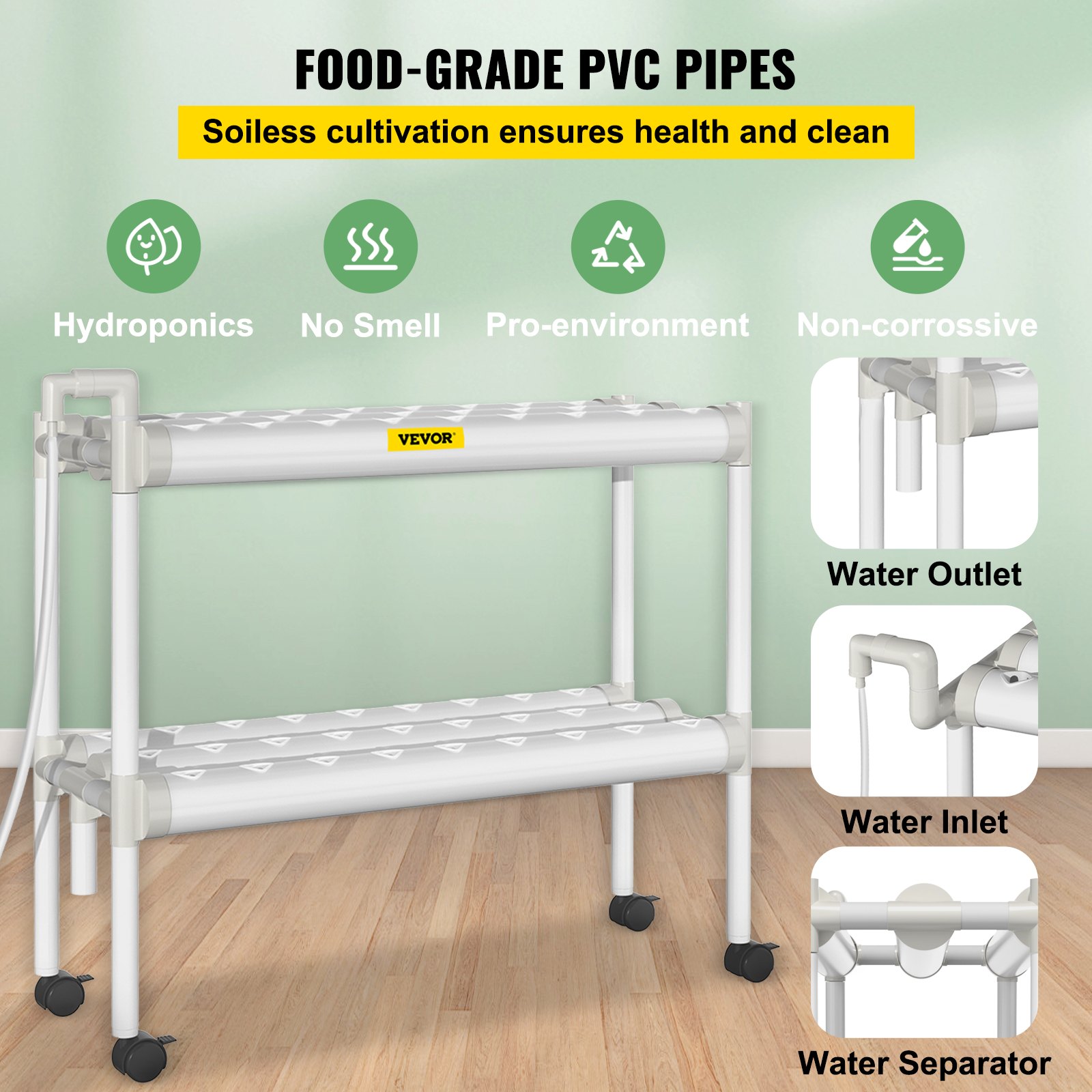 Sistema de cultivo hidropónico VEVOR, 54 sitios, 6 tubos de PVC-U de grado alimenticio, kit de plantación interior de 2 capas con bomba de agua, temporizador, cesta nido, esponja para frutas, verduras, hierbas, blanco