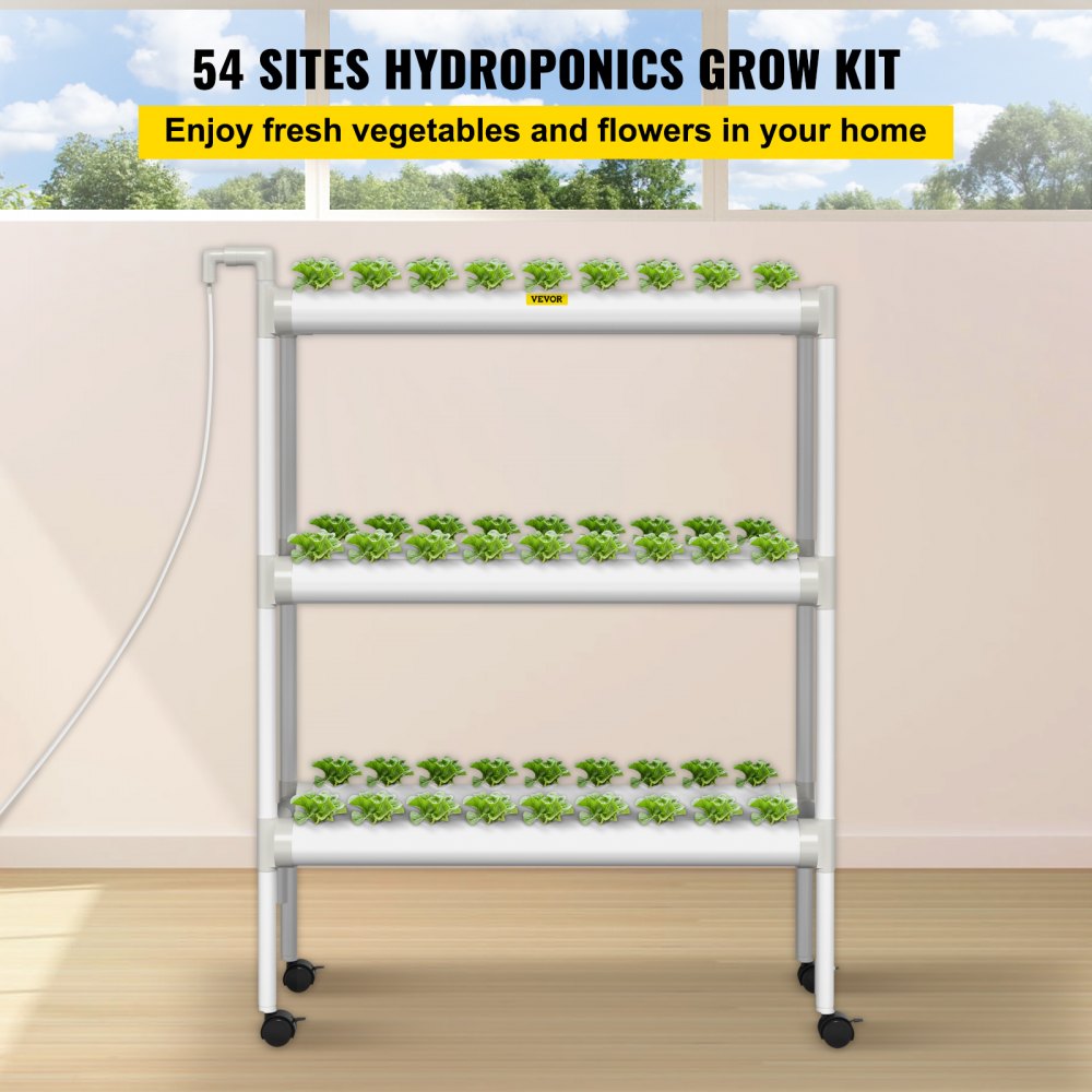 VEVOR Sistema de cultivo hidropónico, 54 sitios, 6 tubos de PVC-U de grado alimenticio, kit de plantación interior de 3 capas con bomba de agua, temporizador, cesta nido, esponja para frutas, verduras
