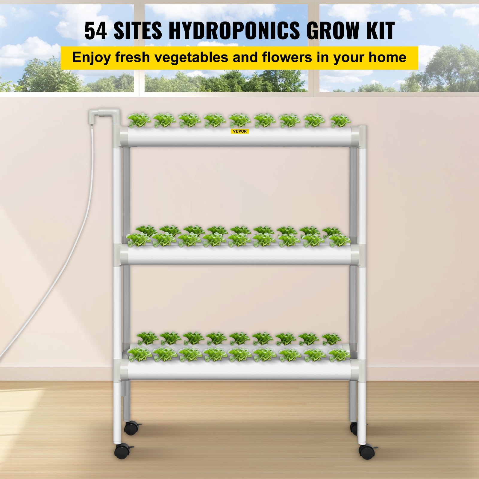 VEVOR Sistema de cultivo hidropónico, 54 sitios, 6 tubos de PVC-U de grado alimenticio, kit de plantación interior de 3 capas con bomba de agua, temporizador, cesta nido, esponja para frutas, verduras