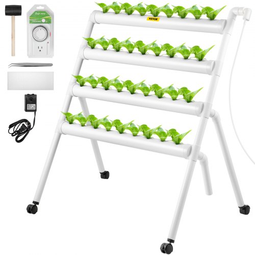 Sistema de cultivo hidropónico VEVOR, 36 sitios, 4 tubos de PVC-U de grado alimenticio, kit de plantación interior de 4 capas con bomba de agua, temporizador, cesta nido, esponja para frutas, verduras, hierbas, blanco