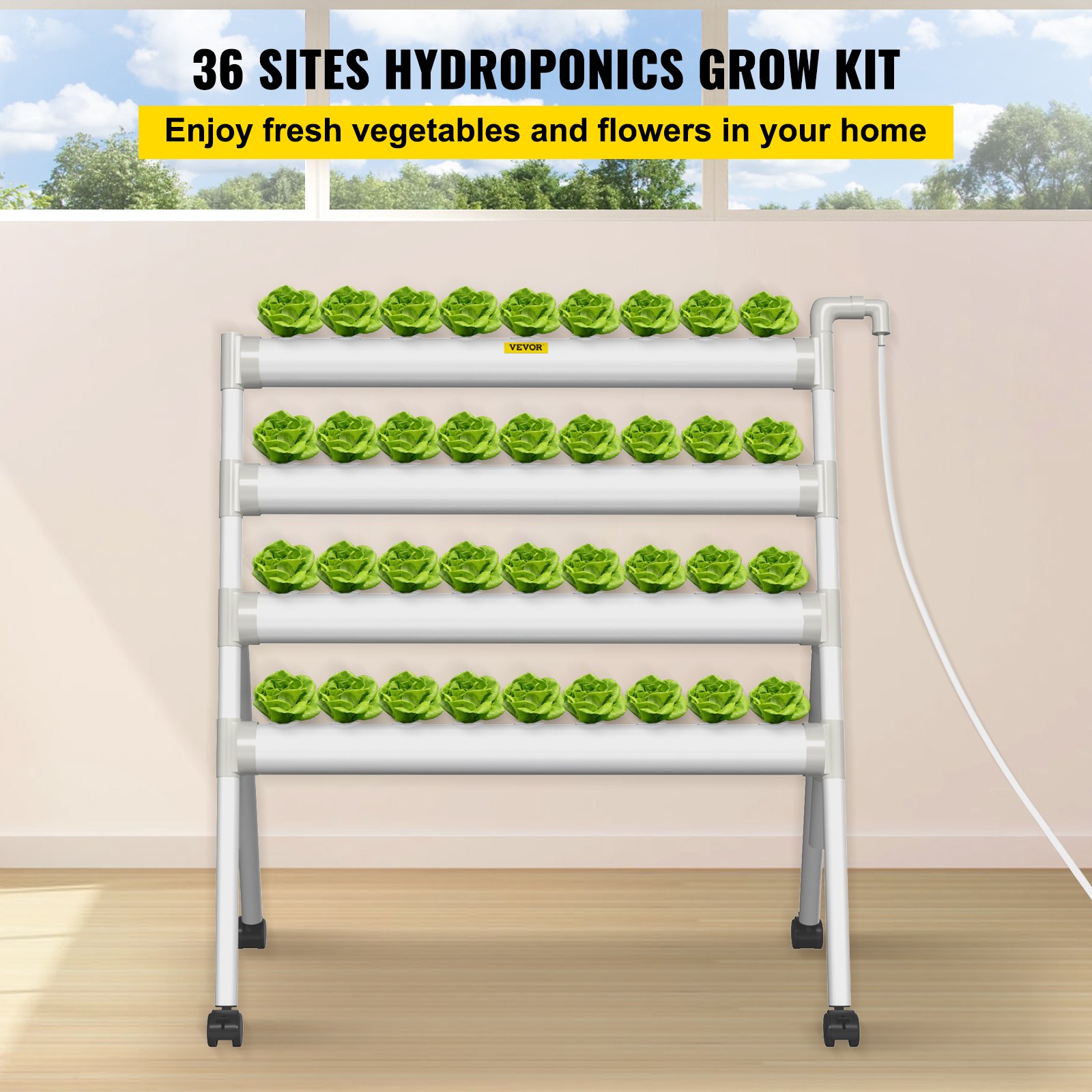 Sistema de cultivo hidropónico VEVOR, 36 sitios, 4 tubos de PVC-U de grado alimenticio, kit de plantación interior de 4 capas con bomba de agua, temporizador, cesta nido, esponja para frutas, verduras, hierbas, blanco