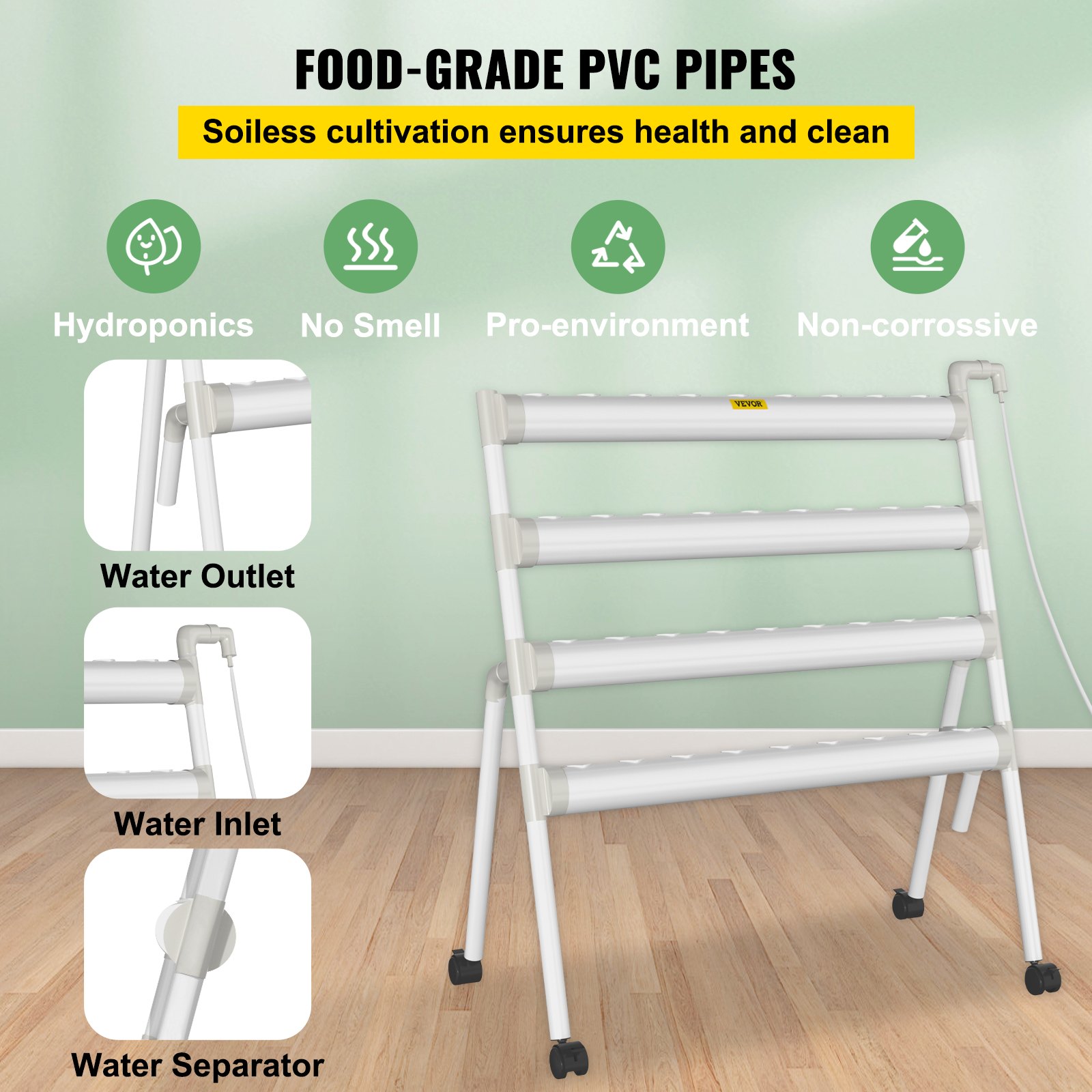 Sistema de cultivo hidropónico VEVOR, 36 sitios, 4 tubos de PVC-U de grado alimenticio, kit de plantación interior de 4 capas con bomba de agua, temporizador, cesta nido, esponja para frutas, verduras, hierbas, blanco