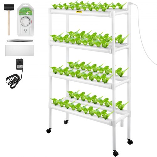 Sistema de cultivo hidropónico VEVOR, 72 sitios, 8 tubos de PVC-U de grado alimenticio, kit de plantación interior de 4 capas con bomba de agua, temporizador, cesta nido, esponja, para frutas, verduras, hierbas, blanco