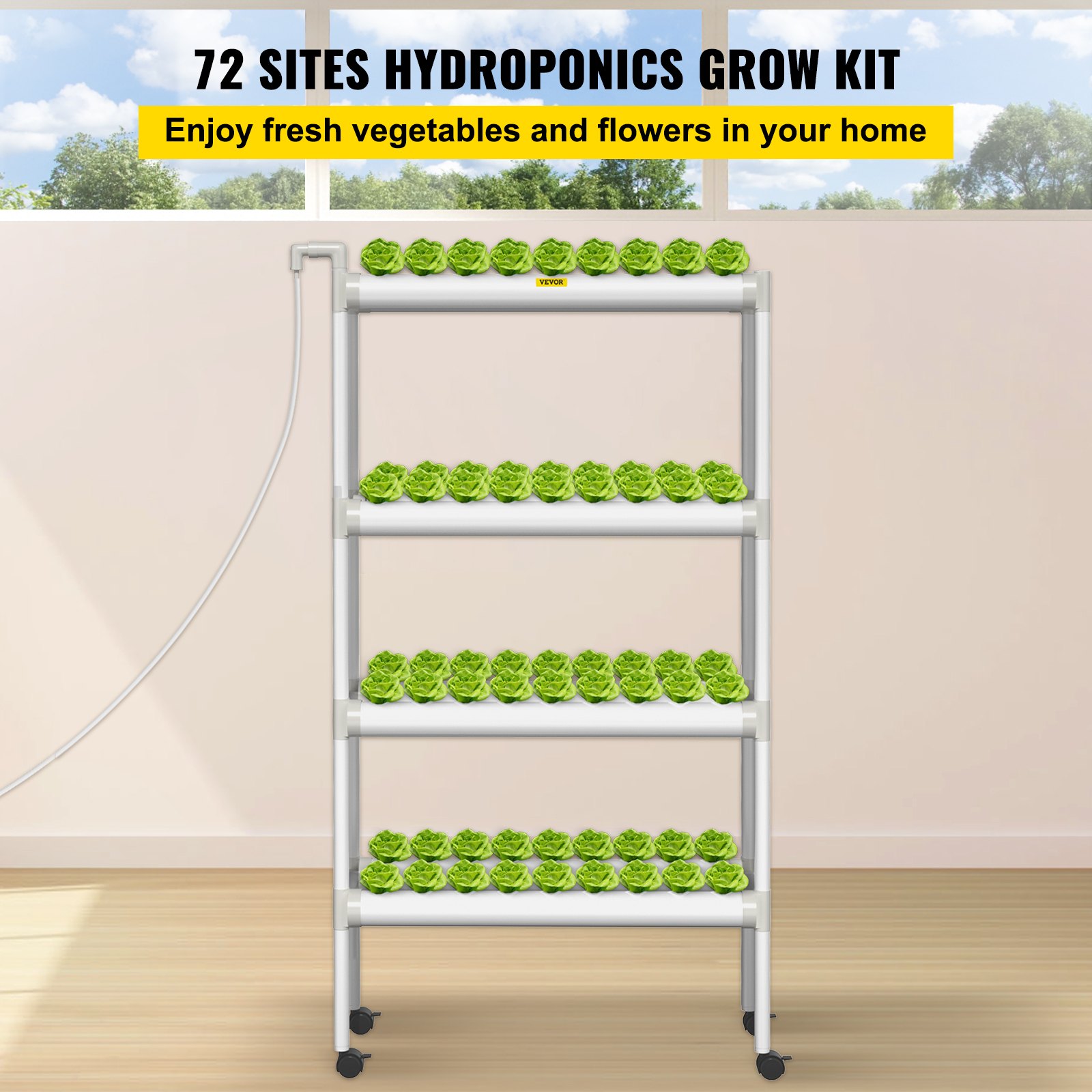 Sistema de cultivo hidropónico VEVOR, 72 sitios, 8 tubos de PVC-U de grado alimenticio, kit de plantación interior de 4 capas con bomba de agua, temporizador, cesta nido, esponja, para frutas, verduras, hierbas, blanco