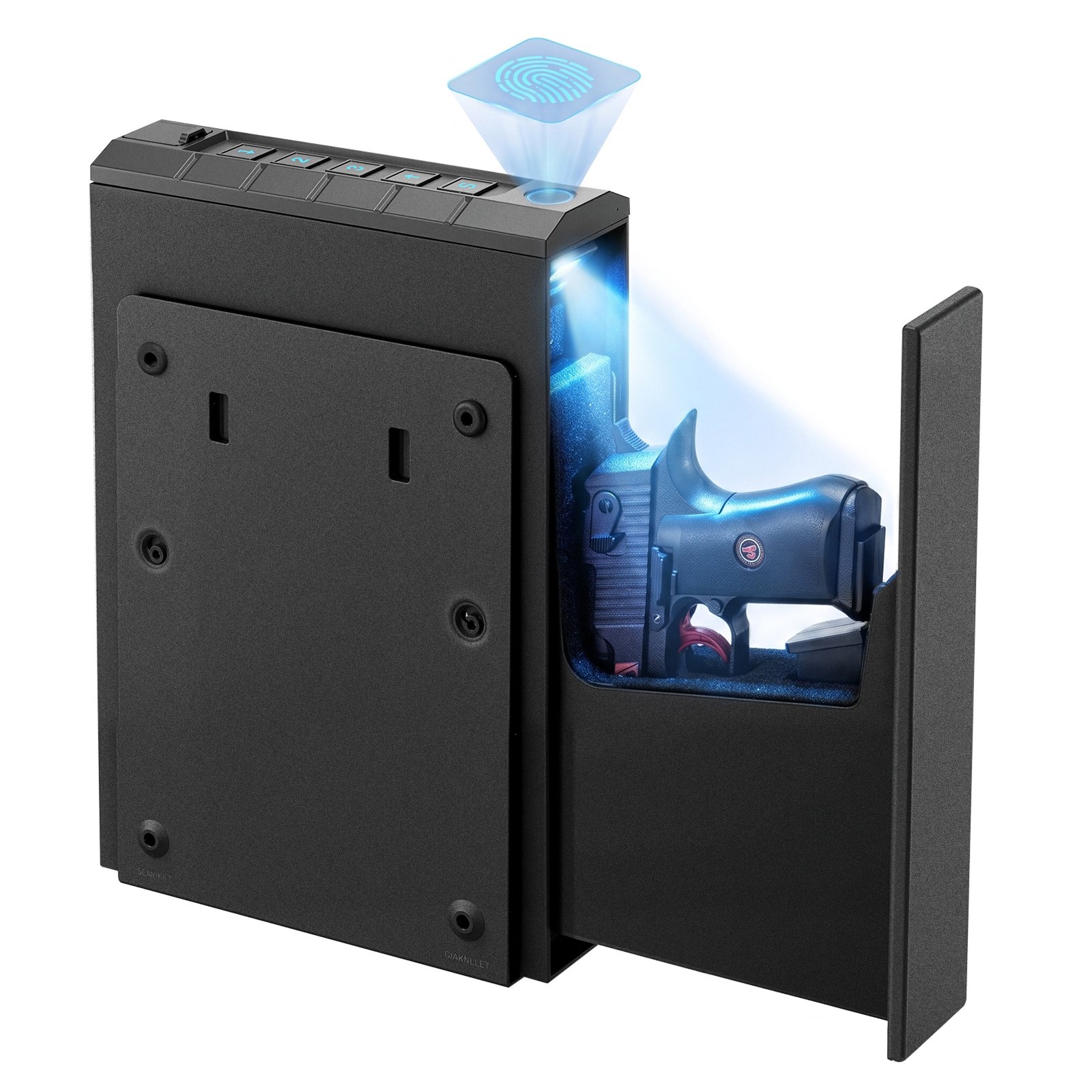 Caja fuerte VEVOR para armas, con control deslizante, huella dactilar, contraseña y llave, acceso rápido de 3 vías e iluminación para 1 pistola y cargador, ideal para mesita de noche, escritorio o coche.