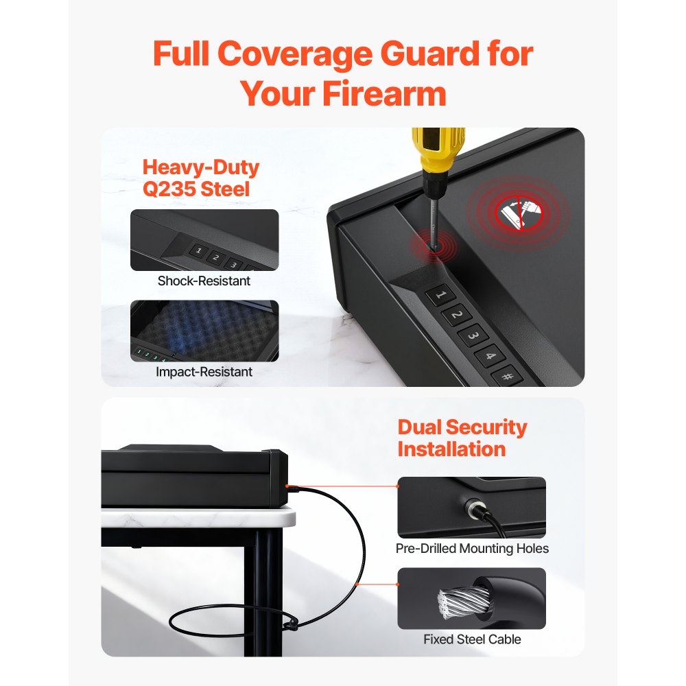 Caja fuerte para armas VEVOR, resistente, con huella dactilar, contraseña y llave, con 3 vías de acceso rápido e iluminación para 2 pistolas y 2 cargadores, ideal para mesita de noche, escritorio o coche.