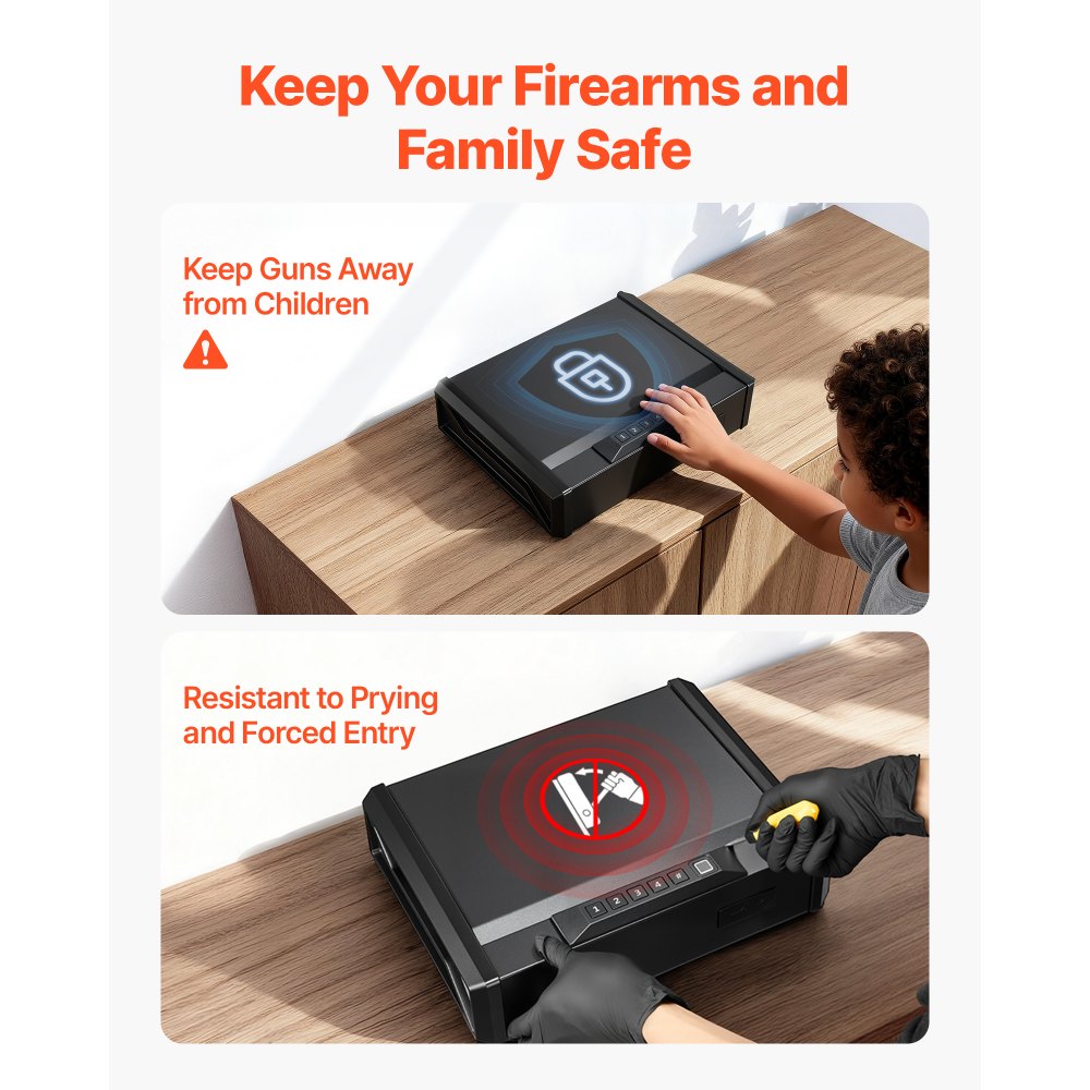 Caja fuerte para armas VEVOR, resistente, con huella dactilar, contraseña y llave, con 3 vías de acceso rápido e iluminación para 2 pistolas y 2 cargadores, ideal para mesita de noche, escritorio o coche.