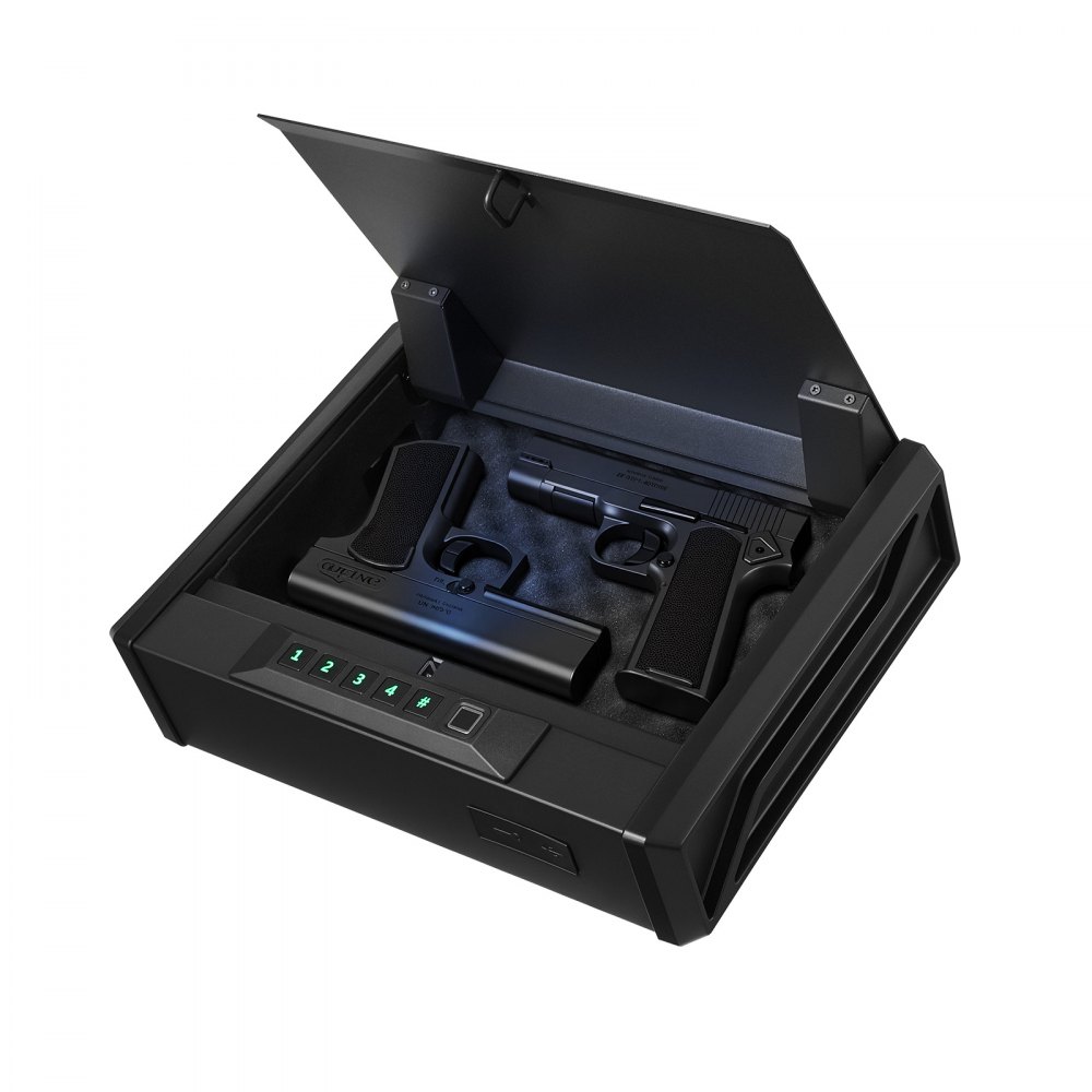 Caja fuerte para armas VEVOR, resistente, con huella dactilar, contraseña y llave, con 3 vías de acceso rápido e iluminación para 2 pistolas y 2 cargadores, ideal para mesita de noche, escritorio o coche.