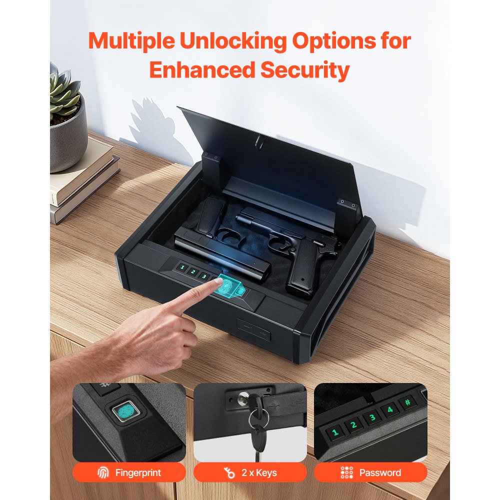 Caja fuerte para armas VEVOR, resistente, con huella dactilar, contraseña y llave, con 3 vías de acceso rápido e iluminación para 2 pistolas y 2 cargadores, ideal para mesita de noche, escritorio o coche.