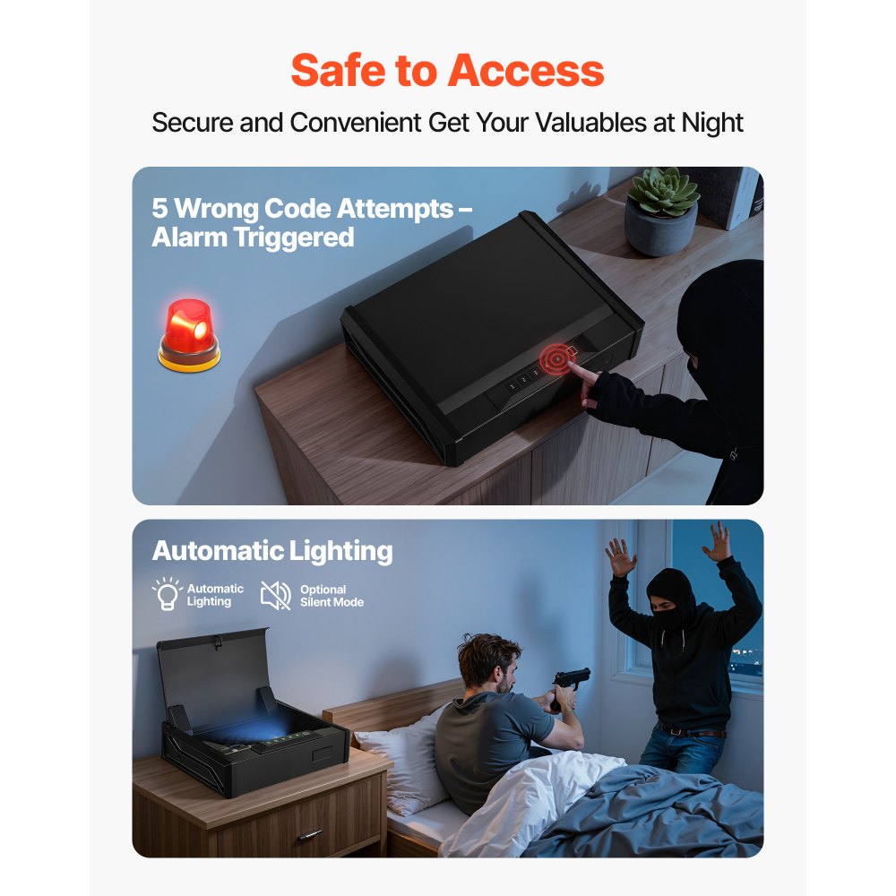 Caja fuerte para armas VEVOR, resistente, con huella dactilar, contraseña y llave, con 3 vías de acceso rápido e iluminación para 2 pistolas y 2 cargadores, ideal para mesita de noche, escritorio o coche.