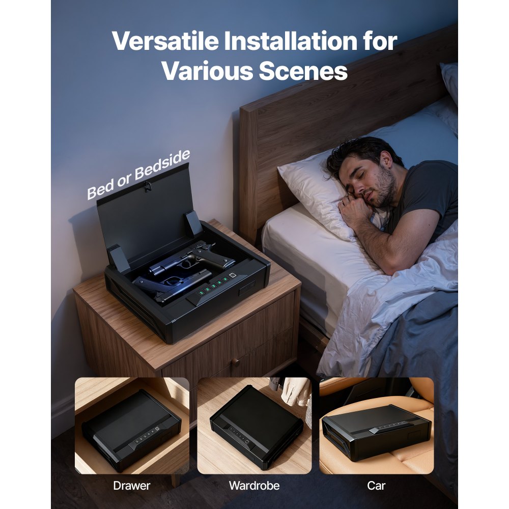 Caja fuerte para armas VEVOR, resistente, con huella dactilar, contraseña y llave, con 3 vías de acceso rápido e iluminación para 2 pistolas y 2 cargadores, ideal para mesita de noche, escritorio o coche.