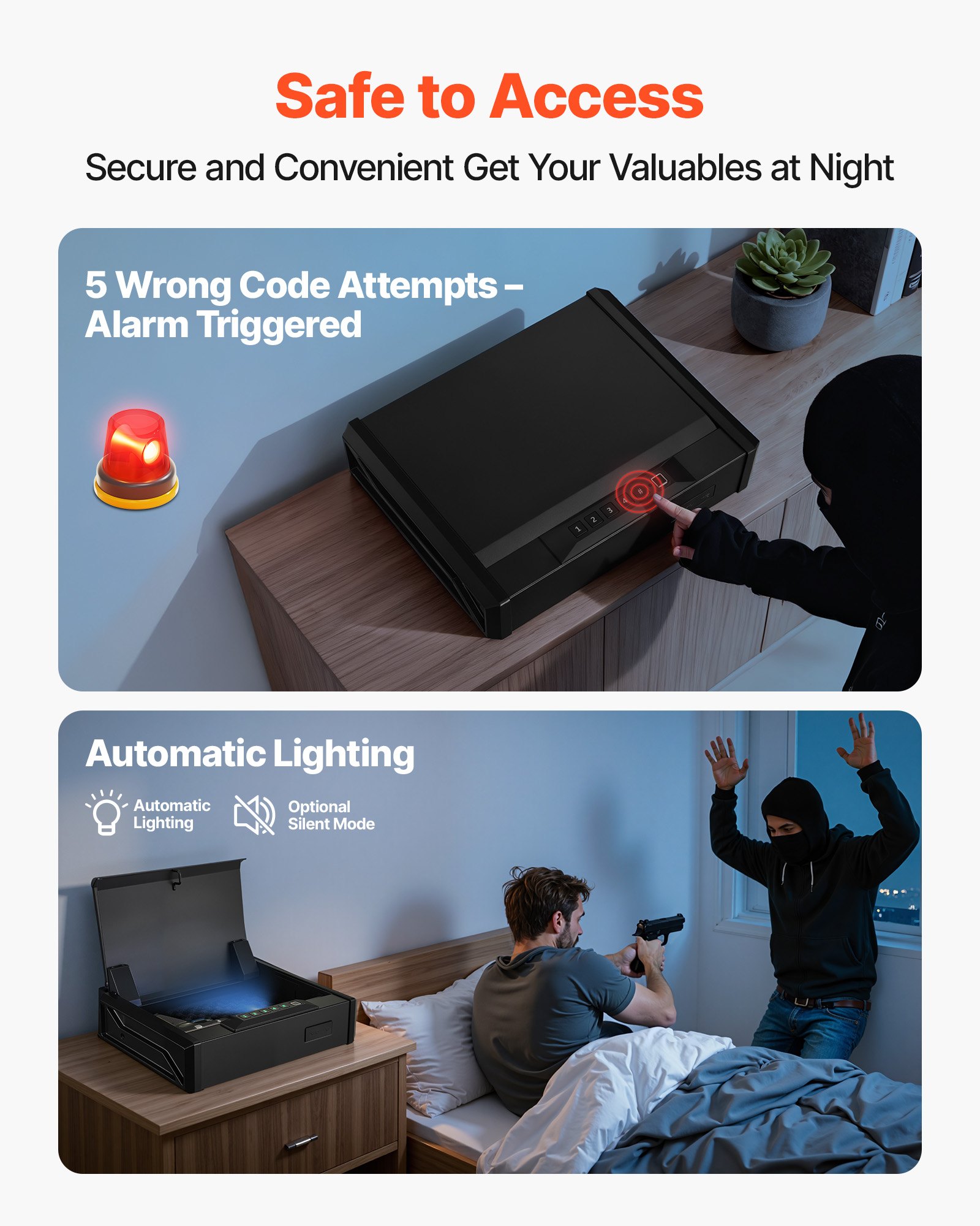 Caja fuerte para armas VEVOR, resistente, con huella dactilar, contraseña y llave, con 3 vías de acceso rápido e iluminación para 2 pistolas y 2 cargadores, ideal para mesita de noche, escritorio o coche.