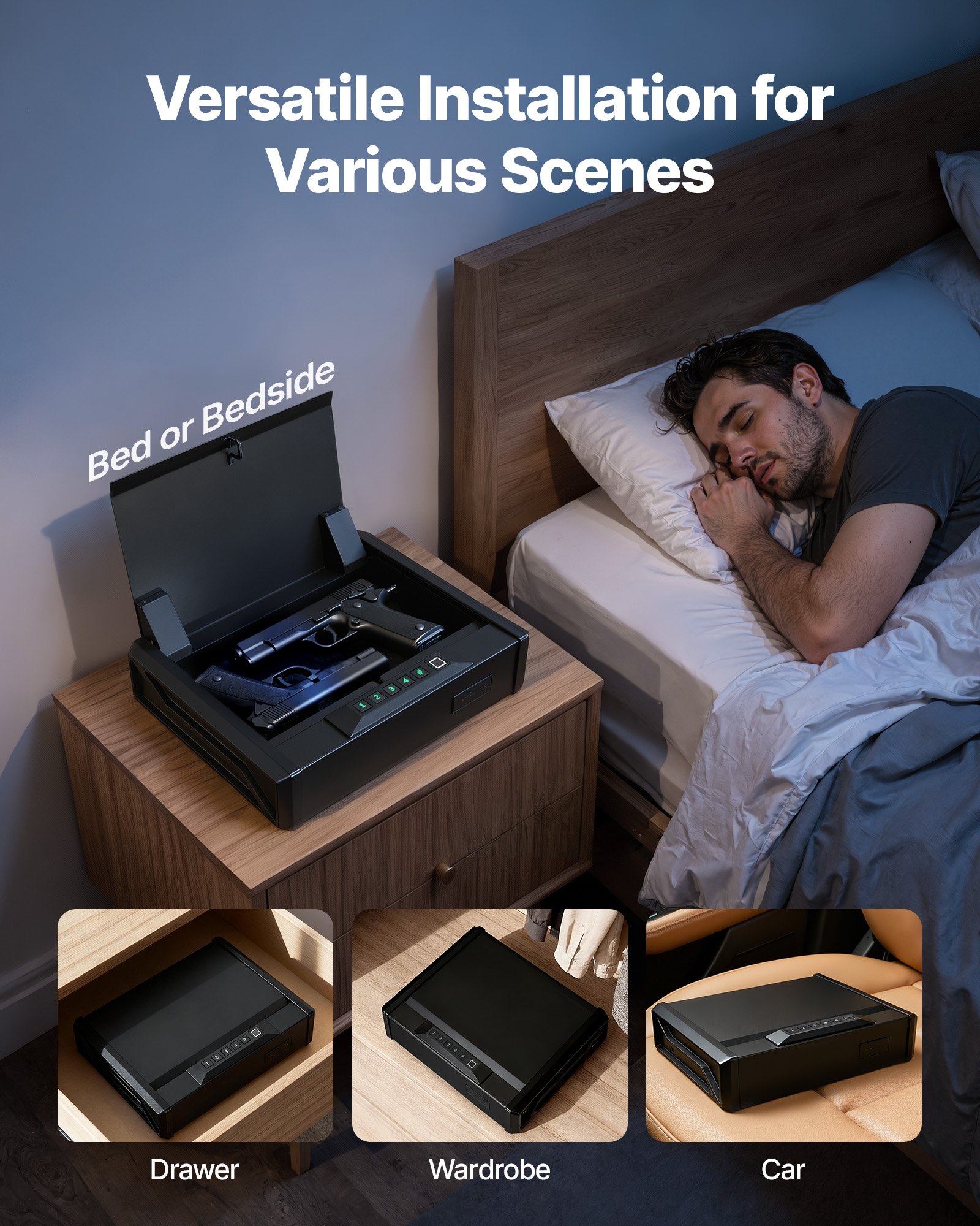 Caja fuerte para armas VEVOR, resistente, con huella dactilar, contraseña y llave, con 3 vías de acceso rápido e iluminación para 2 pistolas y 2 cargadores, ideal para mesita de noche, escritorio o coche.