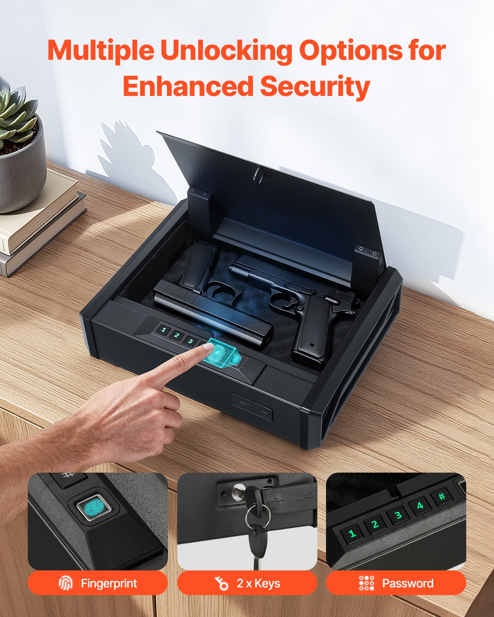 Caja fuerte para armas VEVOR, resistente, con huella dactilar, contraseña y llave, con 3 vías de acceso rápido e iluminación para 2 pistolas y 2 cargadores, ideal para mesita de noche, escritorio o coche.