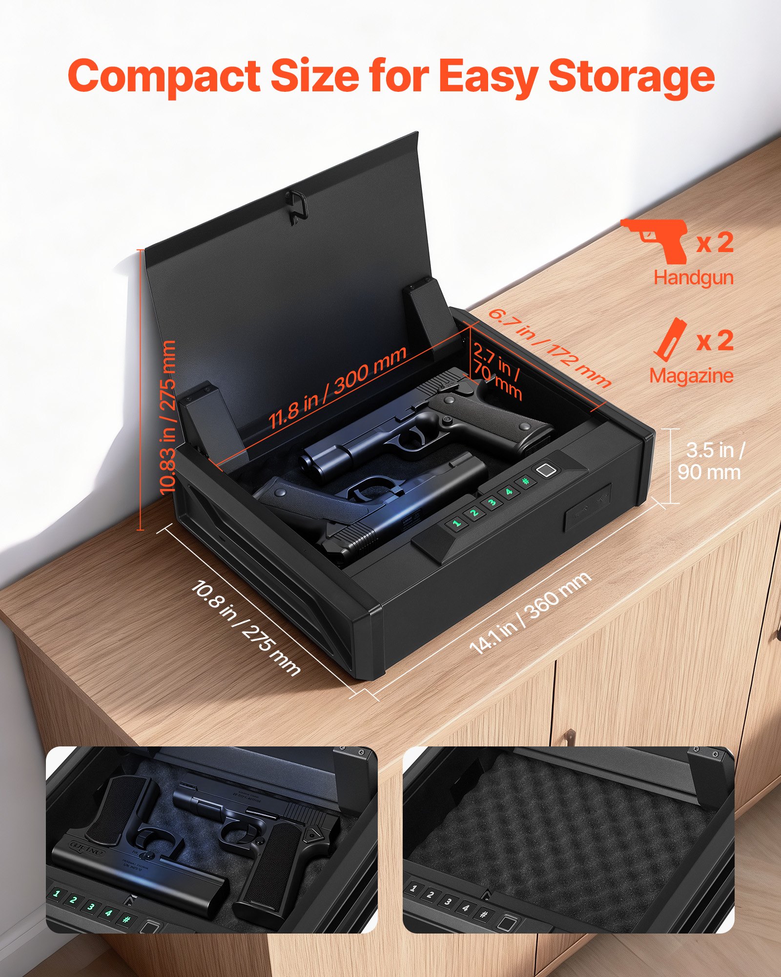 Caja fuerte para armas VEVOR, resistente, con huella dactilar, contraseña y llave, con 3 vías de acceso rápido e iluminación para 2 pistolas y 2 cargadores, ideal para mesita de noche, escritorio o coche.