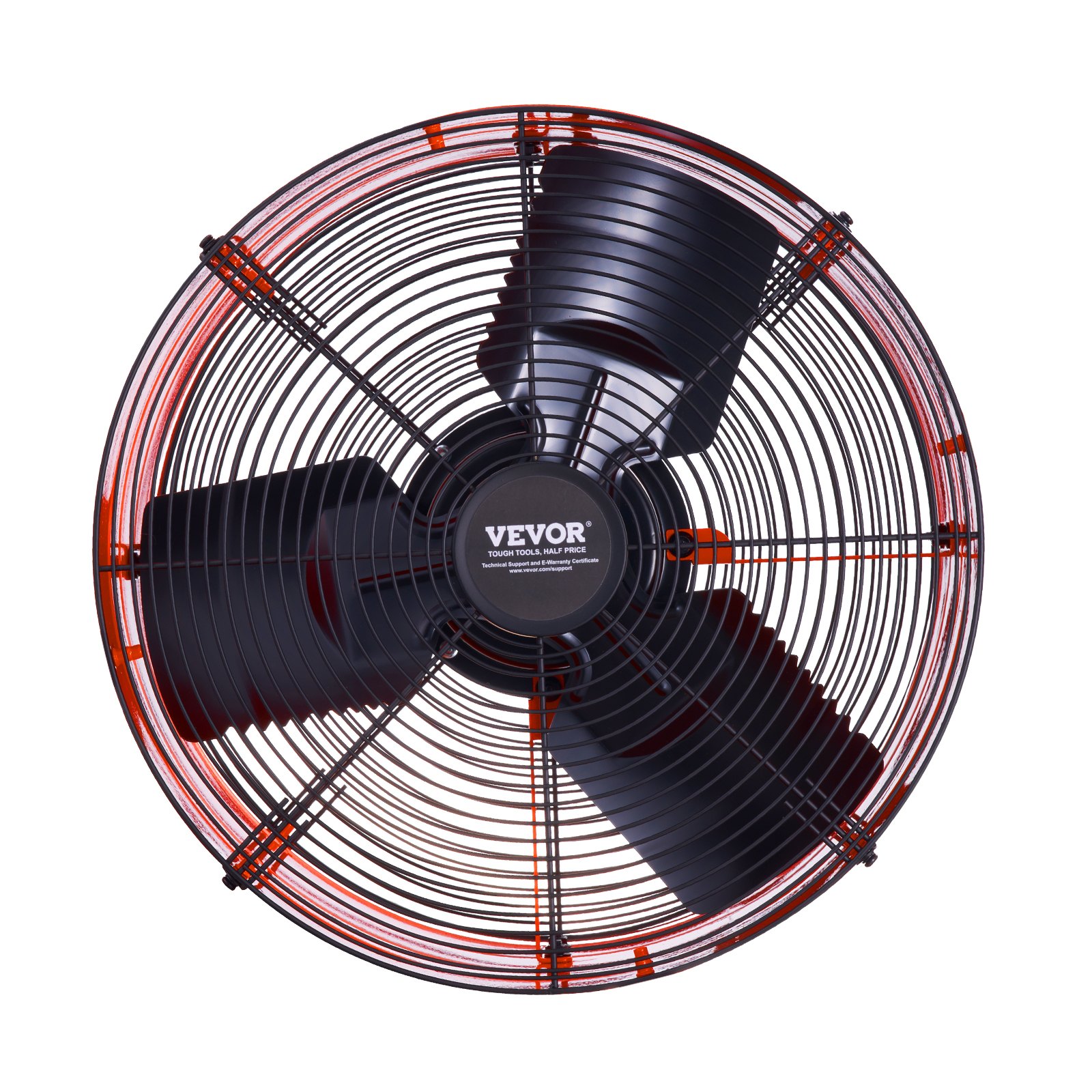 Ventilador de techo VEVOR de 16 pulgadas con termostato ajustable y malla exterior, 2940 CFM, silencioso, para techos, garajes y tiendas, color naranja vibrante.