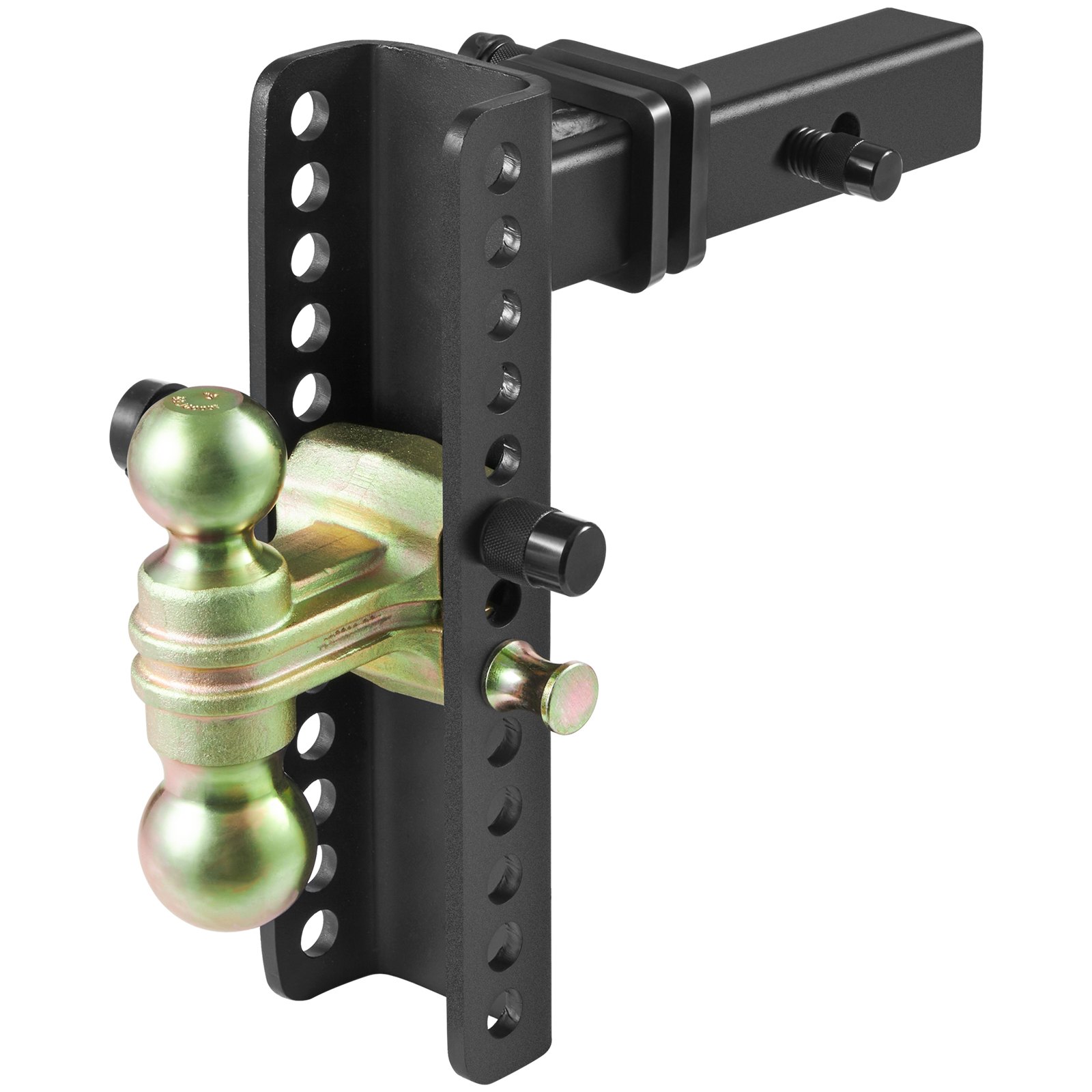 Enganche de remolque ajustable VEVOR con montaje de bola doble, soporte negro y múltiples ajustes de altura.