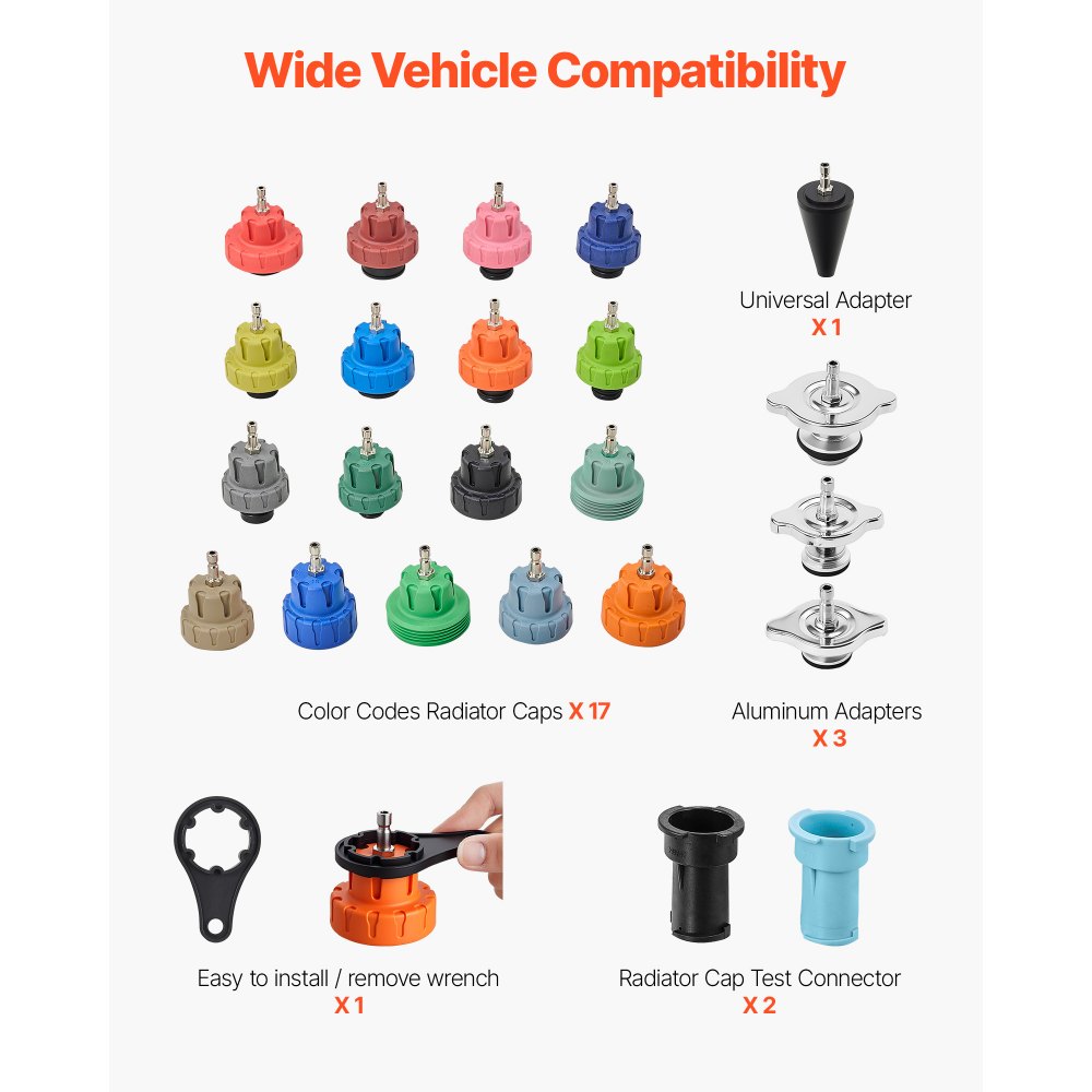 Kit de comprobador de presión de refrigerante VEVOR, 47 piezas, kit de recarga de vacío para radiador con 3 adaptadores metálicos, ajuste universal, comprobador de presión del sistema de refrigeración automotriz, con bomba de presión y llenador de aluminio y plástico.