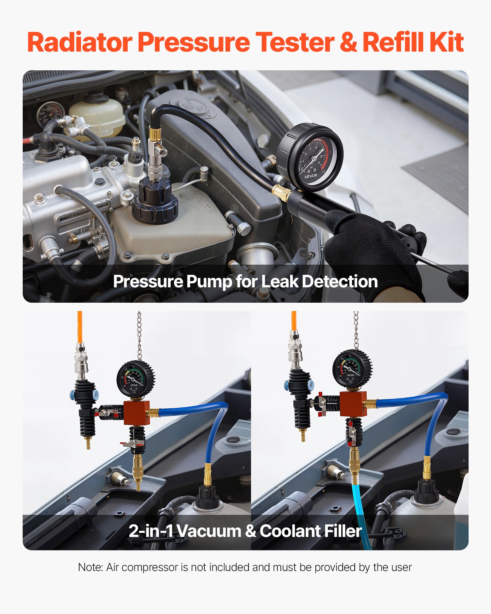 Kit de comprobador de presión de refrigerante VEVOR, 47 piezas, kit de recarga de vacío para radiador con 3 adaptadores metálicos, ajuste universal, comprobador de presión del sistema de refrigeración automotriz, con bomba de presión y llenador de aluminio y plástico.