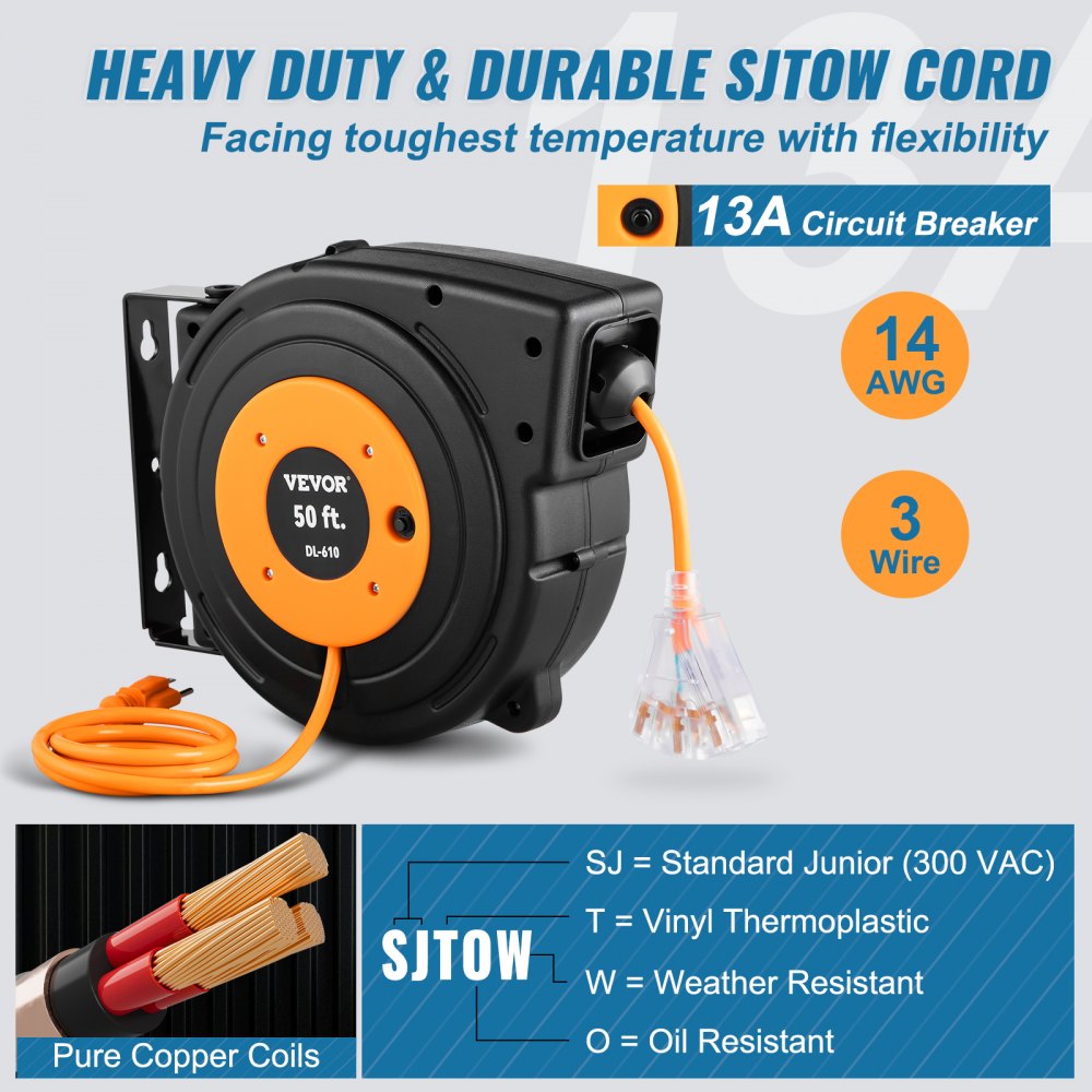 Carrete de extensión retráctil VEVOR, cable de alimentación SJTOW 14AWG/3C de alta resistencia de 15 m con toma triple iluminada, disyuntor de 13 A, soporte giratorio de 180° para montaje en techo o pared, color negro