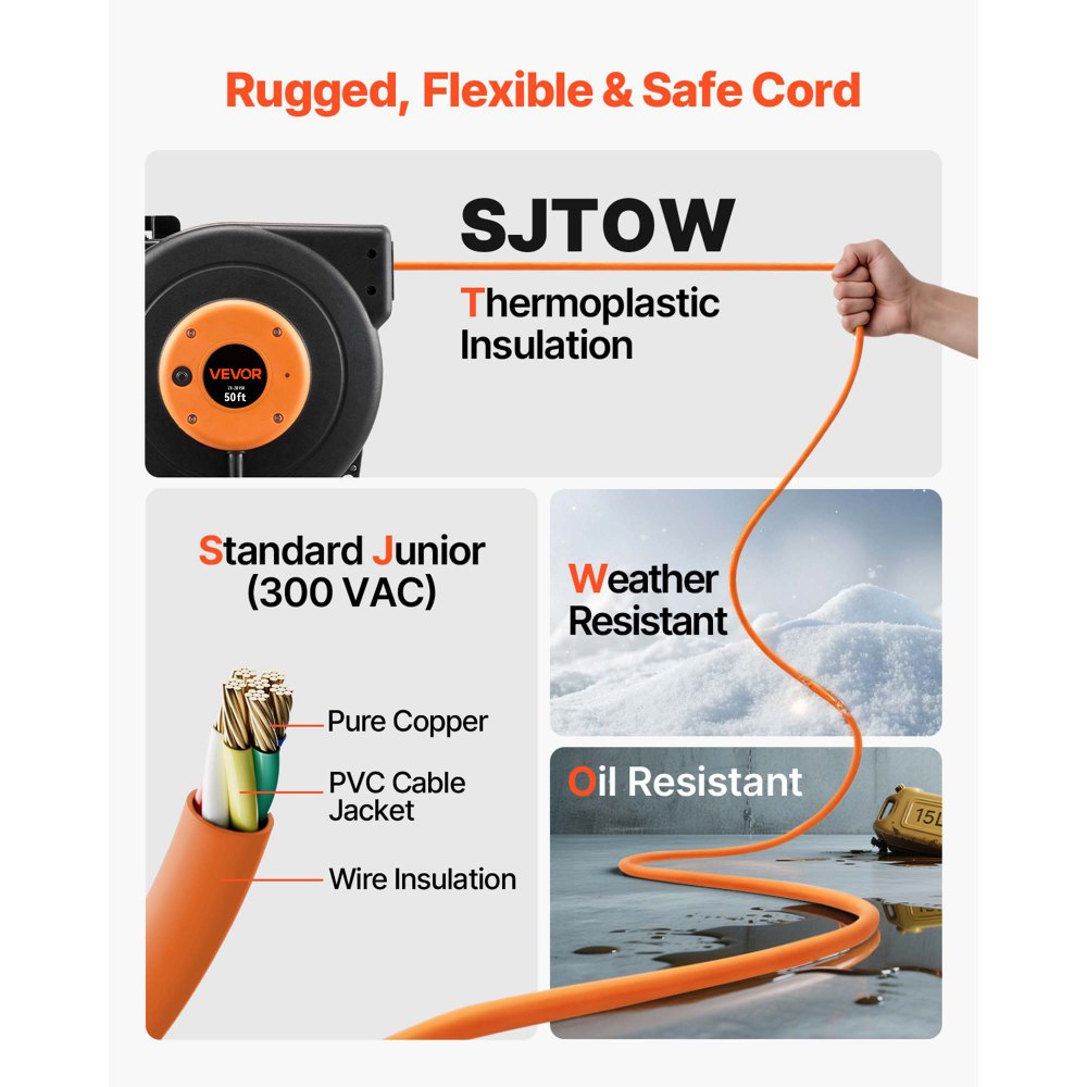 Carrete de extensión retráctil VEVOR, cable de alimentación SJTOW 14AWG/3C de alta resistencia de 15 m con toma triple iluminada, disyuntor de 13 A, soporte giratorio de 180° para montaje en techo o pared, color negro